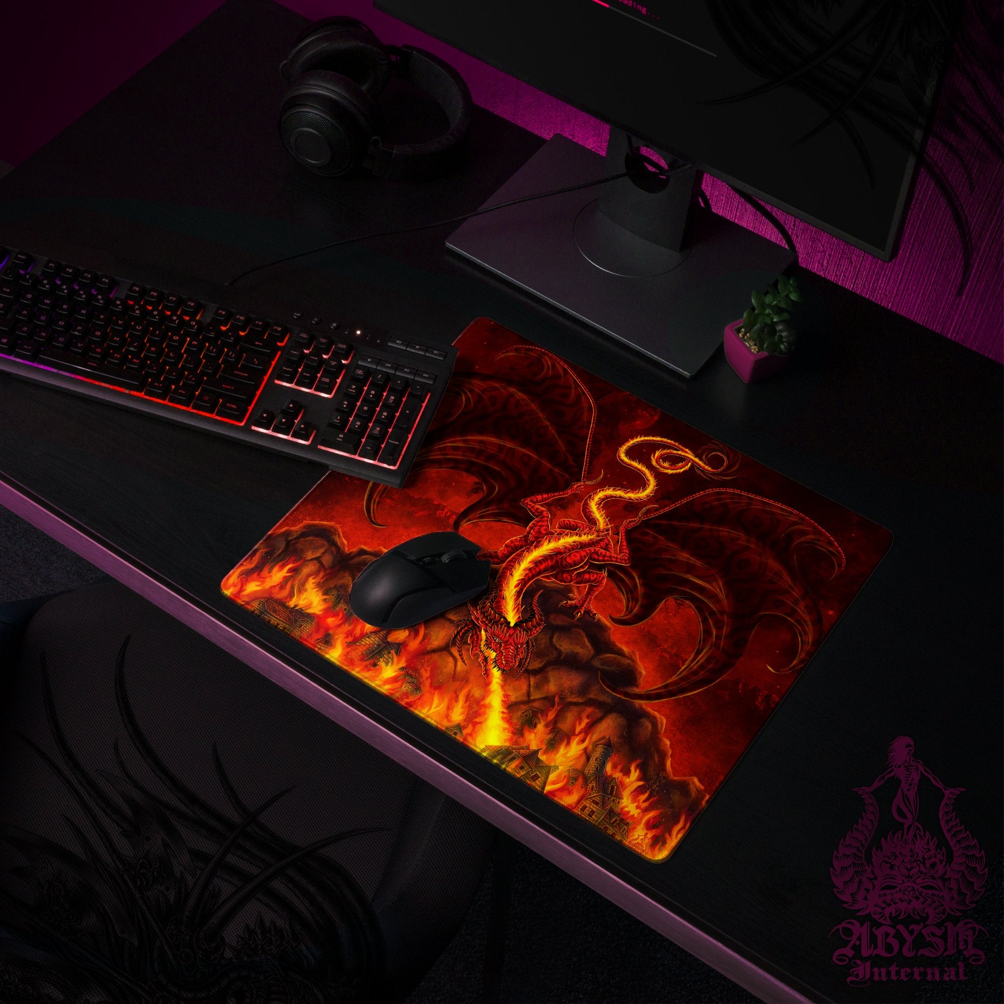 Dragon Mouse Pad, Fantasy Art Gaming Desk Mat, Fire Table Protector Cover, RPG Workpad, DM Gift Print - Original - Abysm Internal