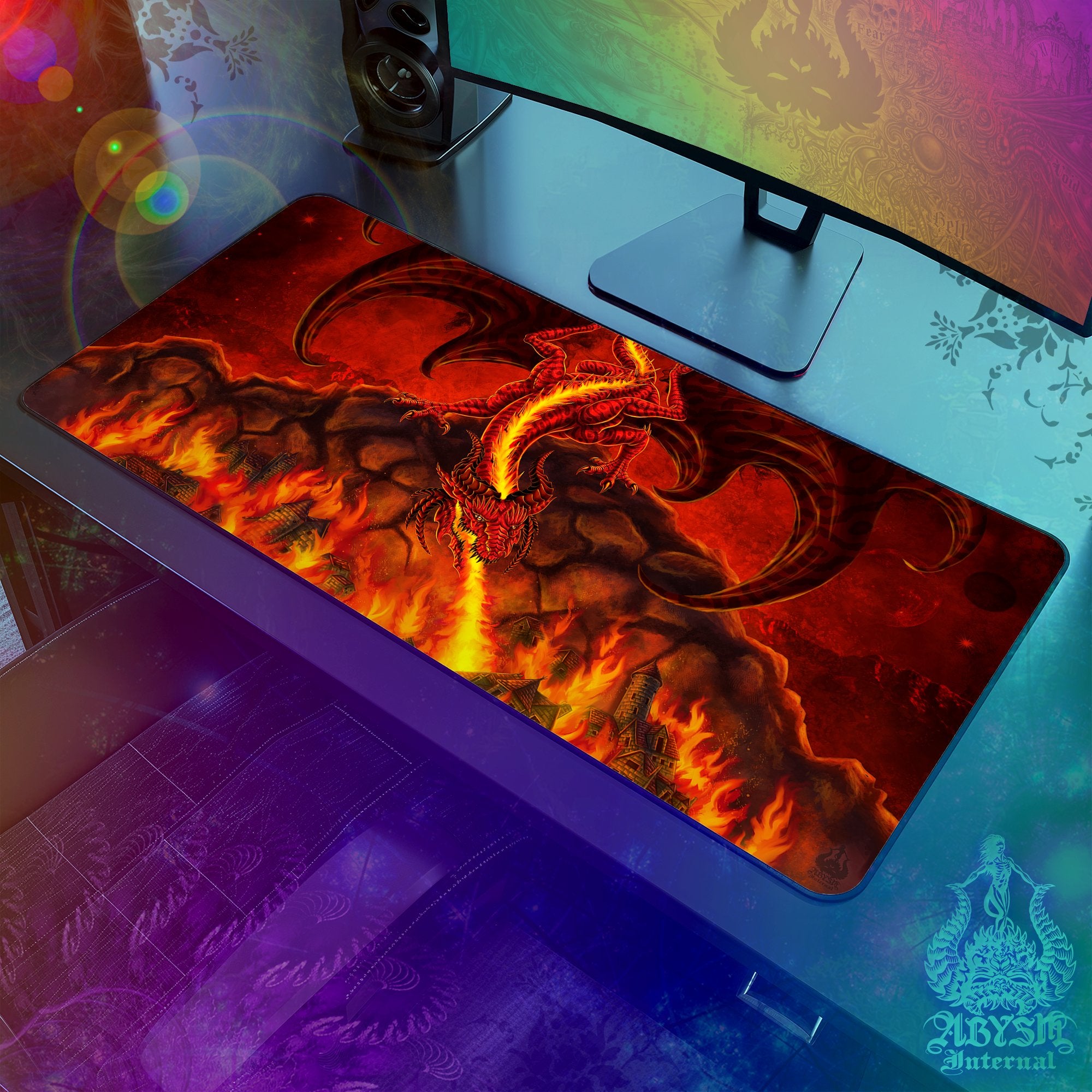Dragon Mouse Pad, Fantasy Art Gaming Desk Mat, Fire Table Protector Cover, RPG Workpad, DM Gift Print - Original - Abysm Internal