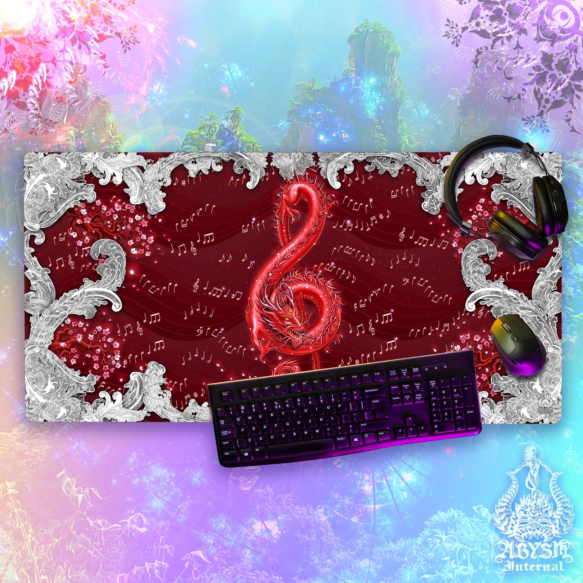 Dragon Workpad, Music Desk Mat, Asian Gaming Mouse Pad, Indie Gemstone Table Protector Cover, Treble Clef Art Print - 8 Color Options - Abysm Internal
