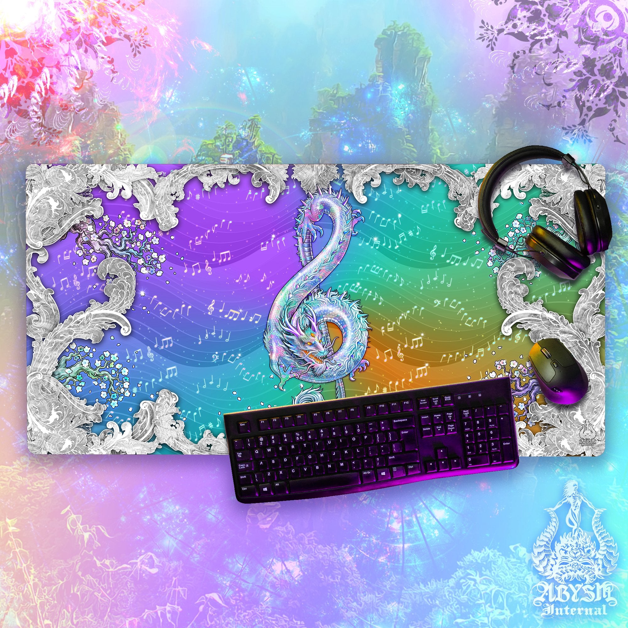 Dragon Workpad, Music Desk Mat, Asian Gaming Mouse Pad, Indie Gemstone Table Protector Cover, Treble Clef Art Print - 8 Color Options - Abysm Internal