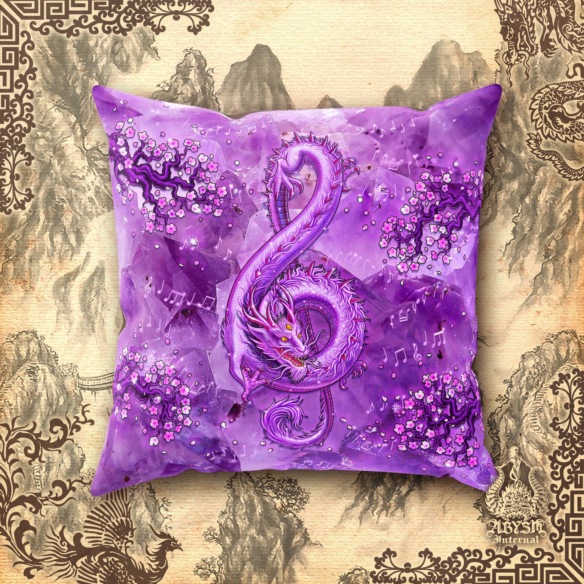 Eclectic Throw Pillow, Decorative Accent Pillow, Square Cushion Cover, Indie Design, Music Room Decor - Treble Clef Dragon, Gemstone, 8 Colors - Abysm Internal