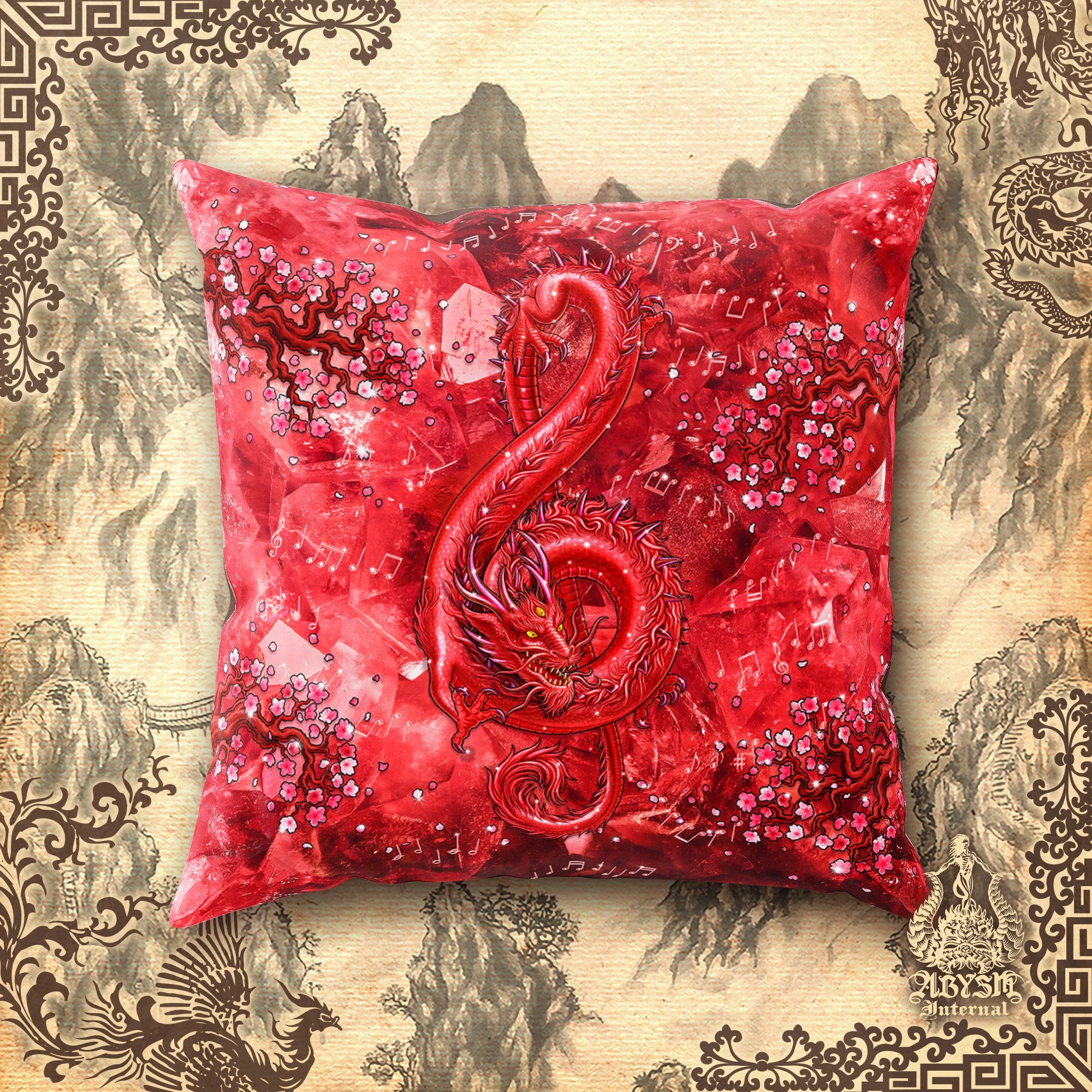 Eclectic Throw Pillow, Decorative Accent Pillow, Square Cushion Cover, Indie Design, Music Room Decor - Treble Clef Dragon, Gemstone, 8 Colors - Abysm Internal