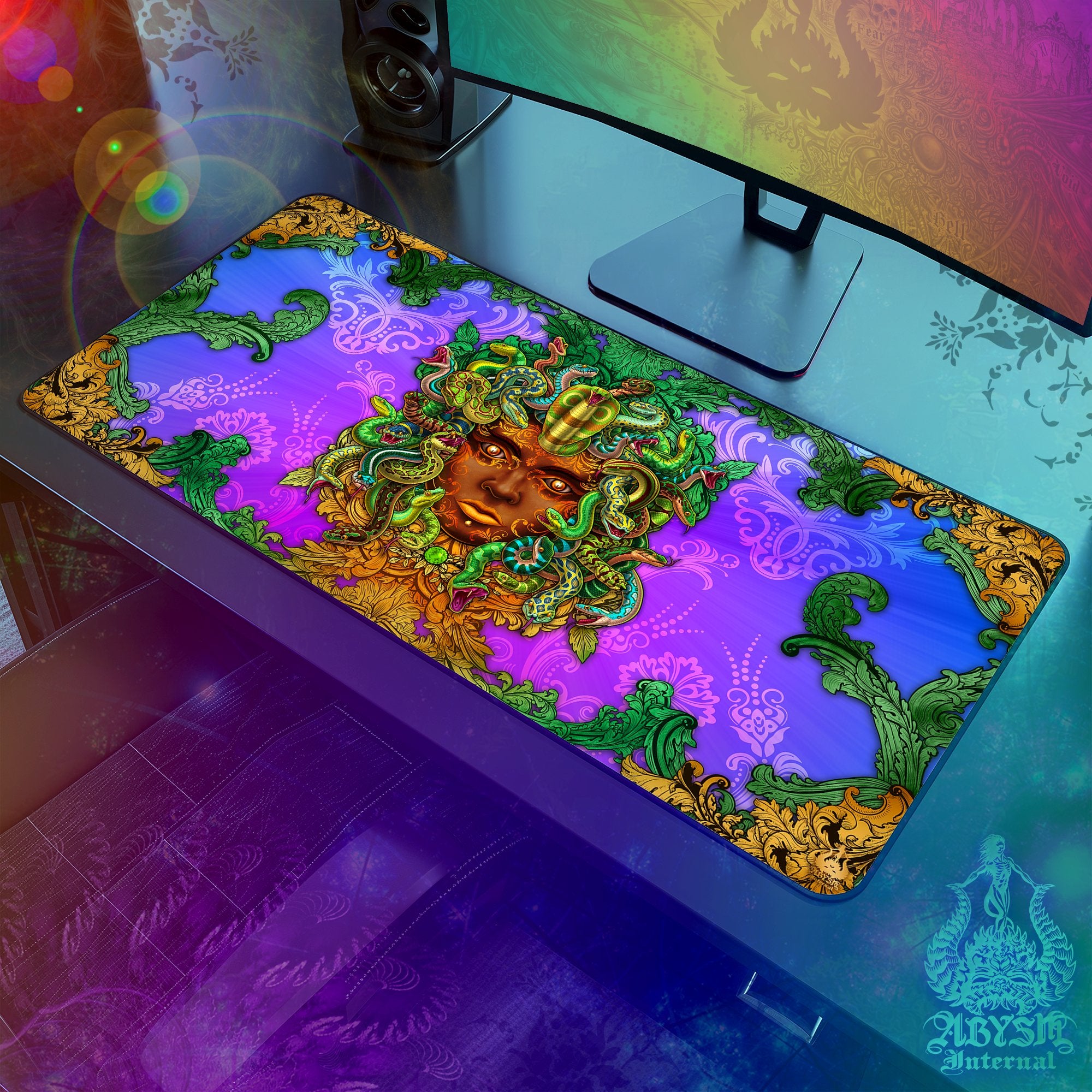 Fantasy Desk Mat, Medusa Gaming Mouse Pad, Gamer Table Protector Cover, Nature Workpad, Witchy Art Print - Abysm Internal