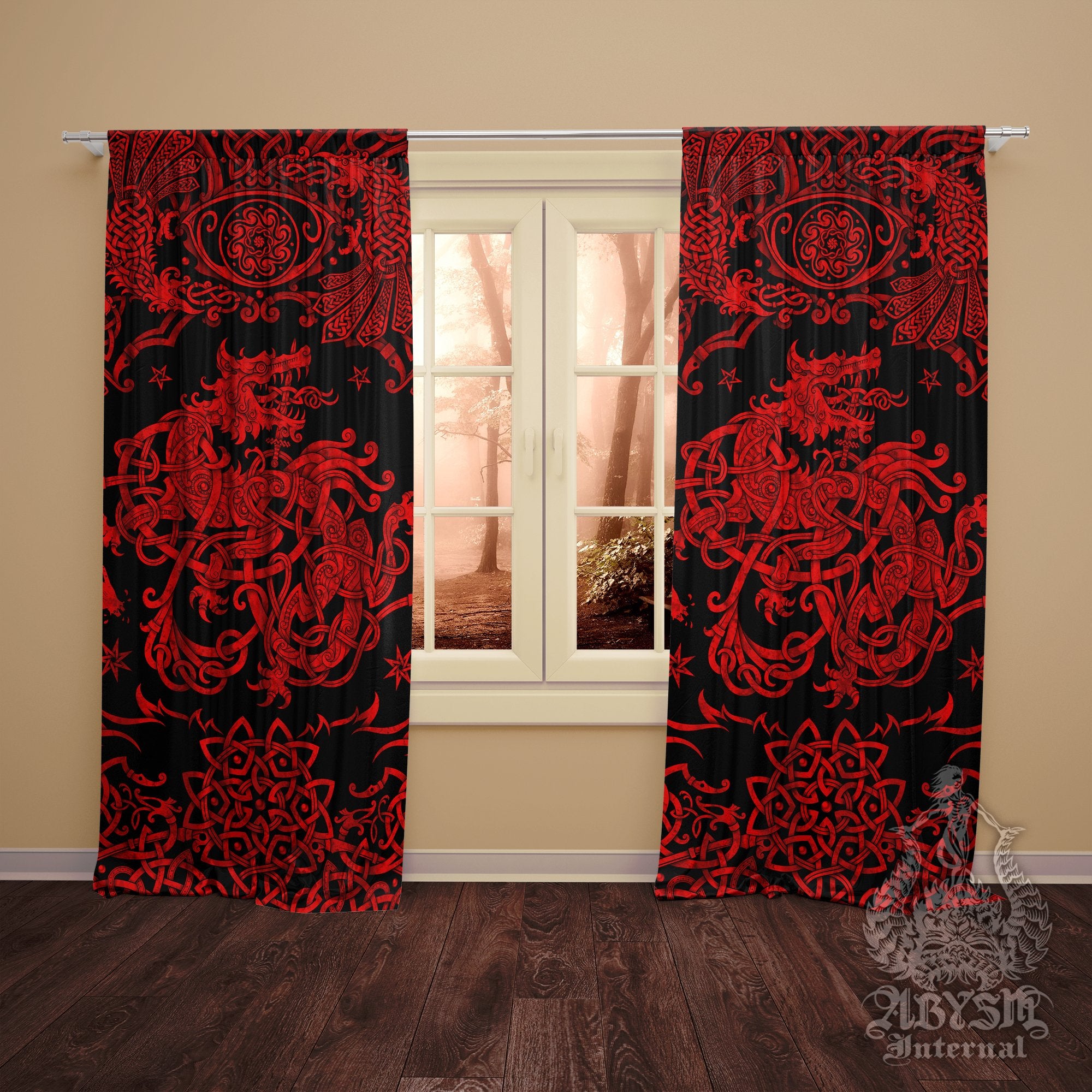 Fenrir Curtains, 50x84' Printed Window Panels, Old Norse Room Decor, Viking Wolf Art Print - Black Red - Abysm Internal