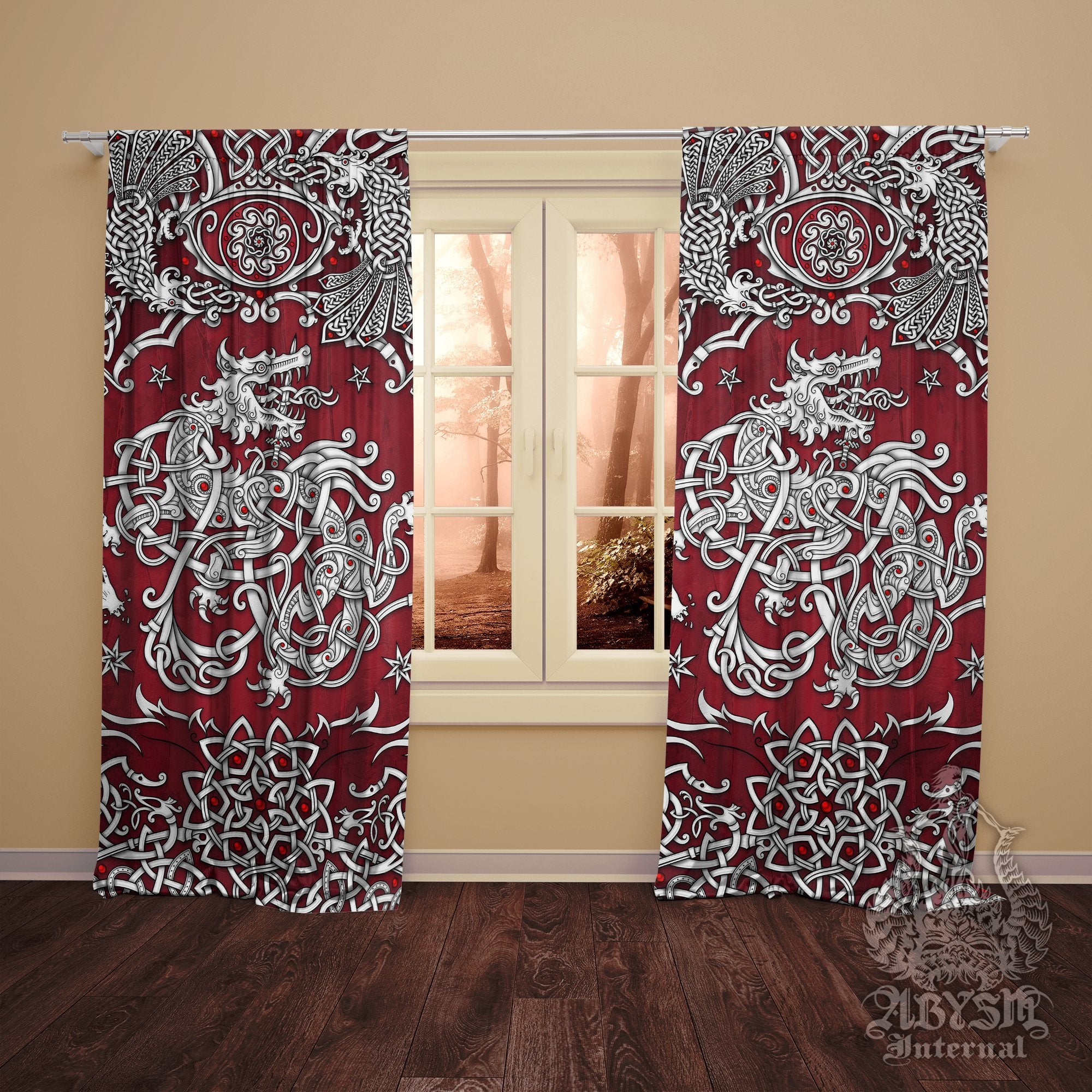 Fenrir Curtains, 50x84' Printed Window Panels, Old Norse Room Decor, Viking Wolf Art Print - White and 3 Colors - Abysm Internal