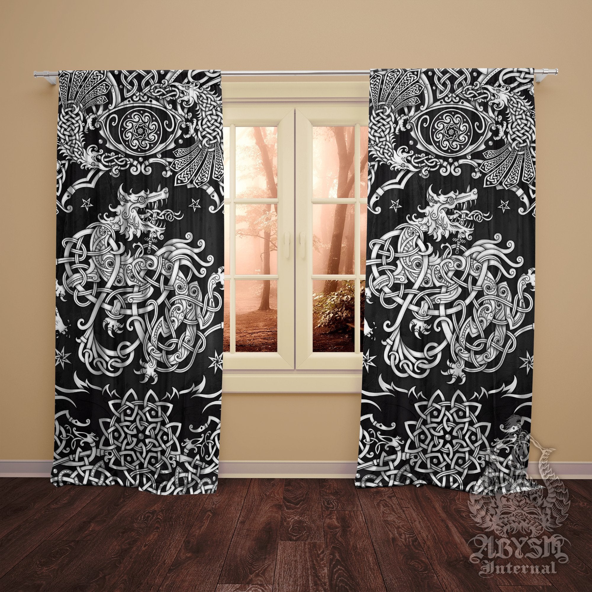 Fenrir Curtains, 50x84' Printed Window Panels, Old Norse Room Decor, Viking Wolf Art Print - White and 3 Colors - Abysm Internal