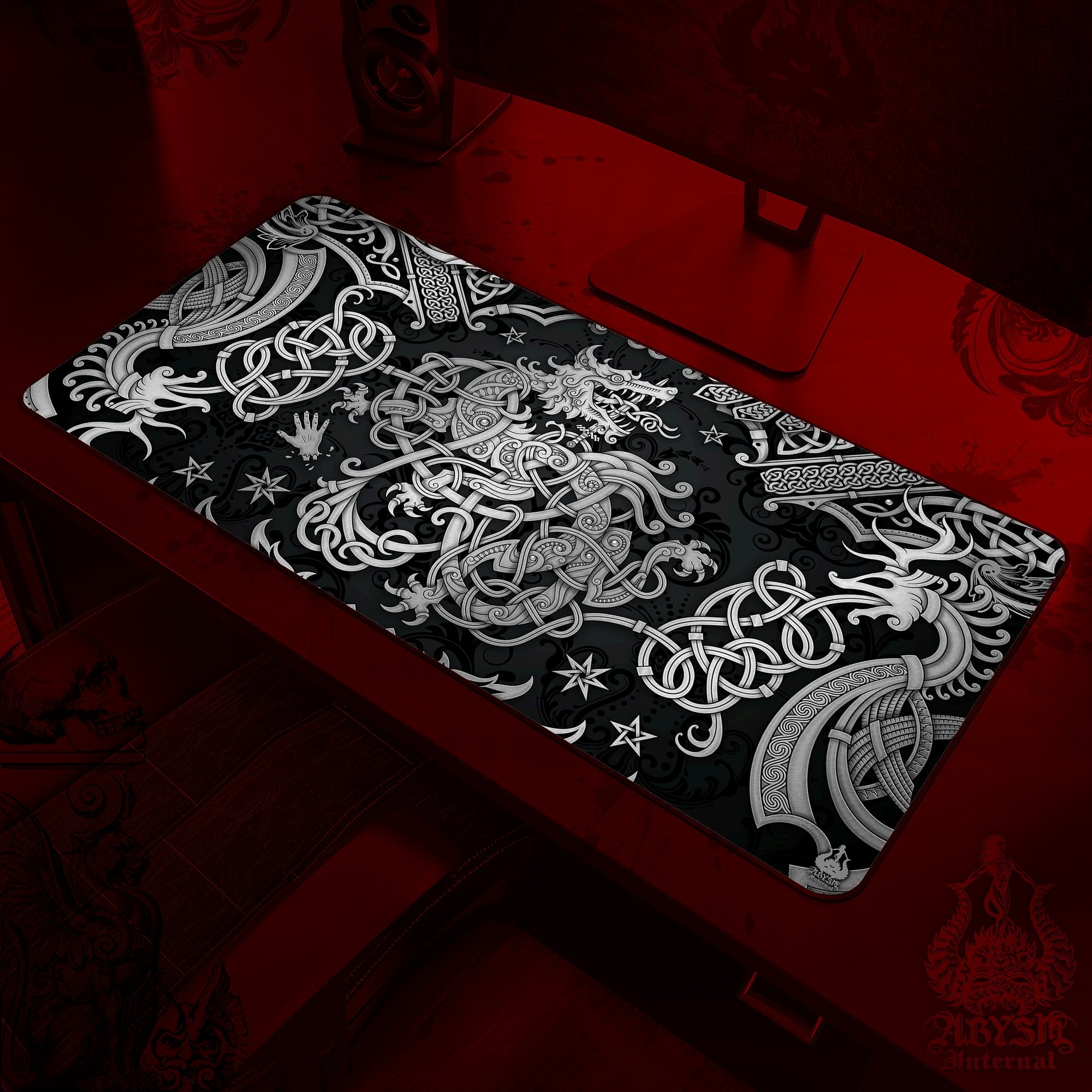 Fenrir Desk Mat, Nordic Wolf Gaming Mouse Pad, Viking Table Protector Cover, Norse Knotwork Workpad, Art Print - Abysm Internal