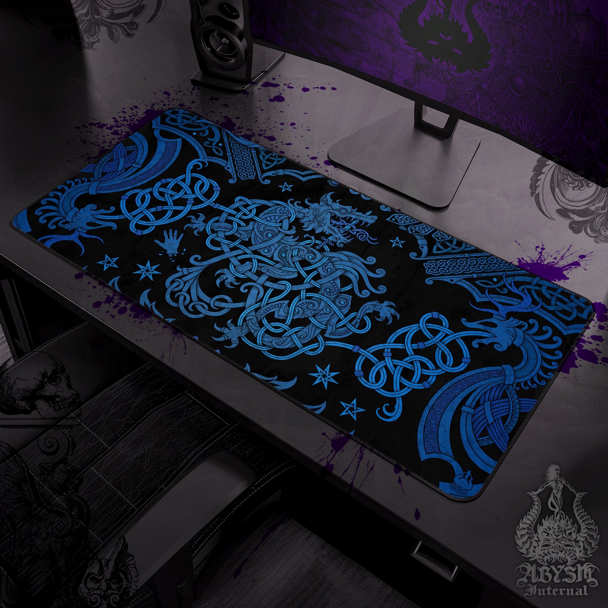 Fenrir Gaming Desk Mat, Viking Mouse Pad, Nordic Knotwork Table Protector Cover, Norse Wolf Workpad, Art Print - Black Blue - Abysm Internal