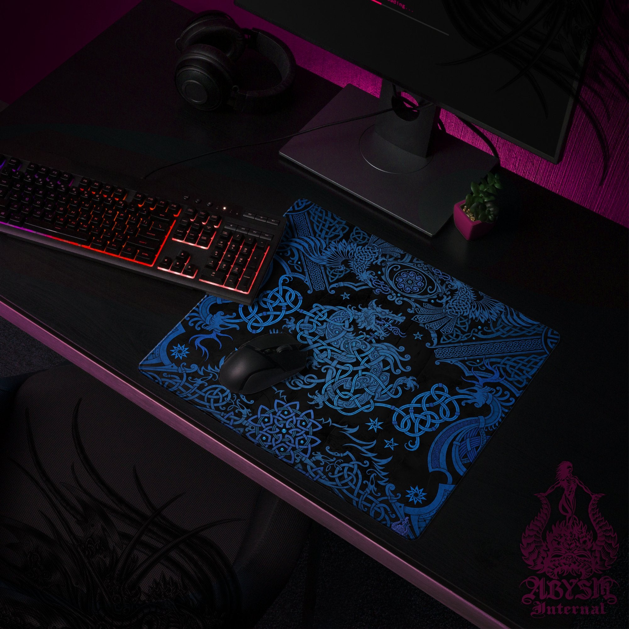 Fenrir Gaming Desk Mat, Viking Mouse Pad, Nordic Knotwork Table Protector Cover, Norse Wolf Workpad, Art Print - Black Blue - Abysm Internal