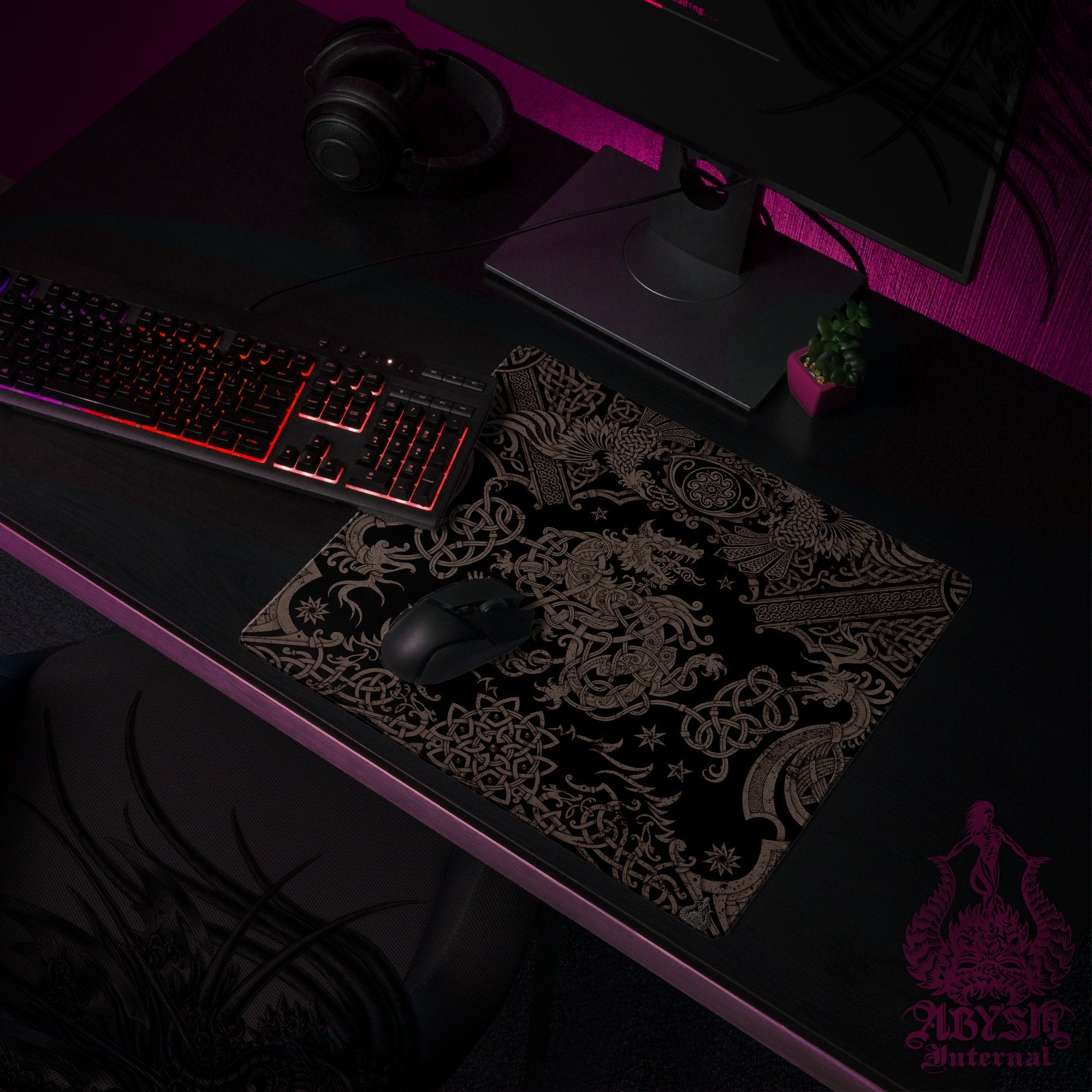 Fenrir Gaming Mouse Pad, Viking Desk Mat, Nordic Wolf Table Protector Cover, Norse Knotwork Workpad, Art Print - Black Grey Grit - Abysm Internal