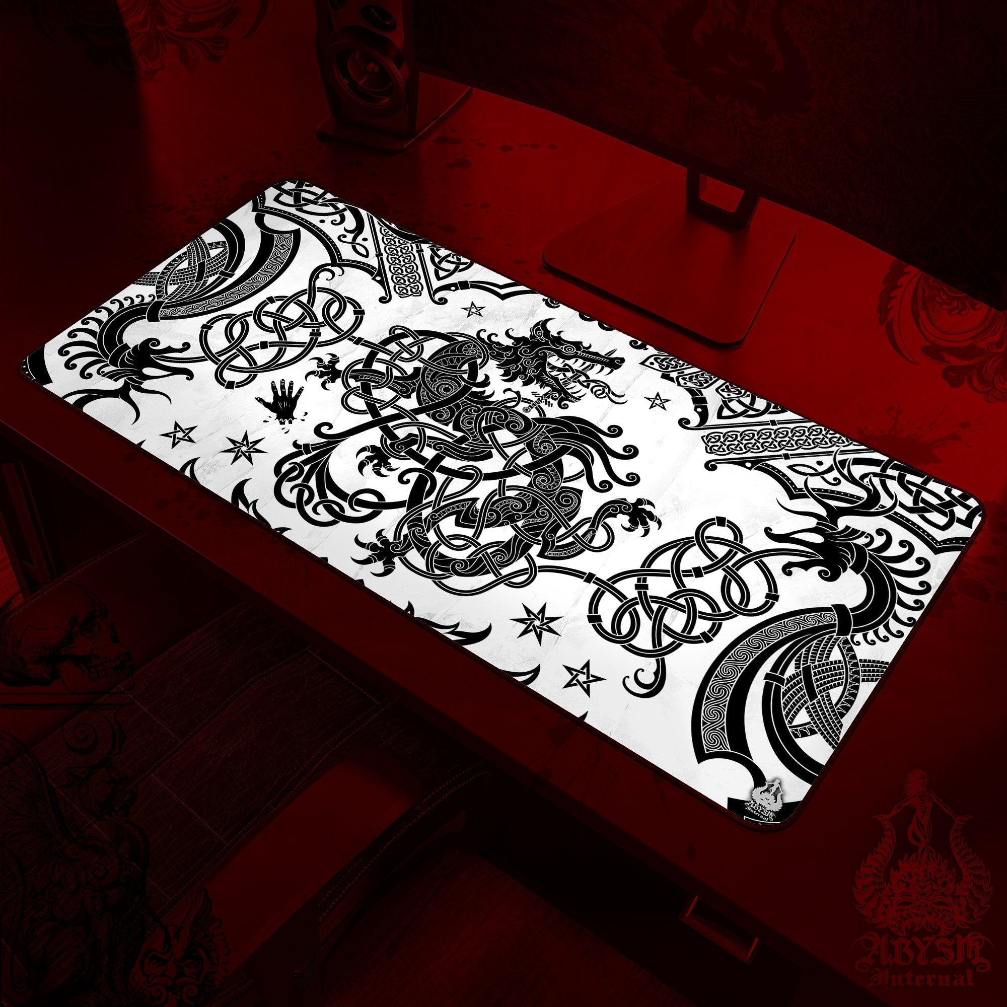 Fenrir Mouse Pad, Norse Wolf Gaming Desk Mat, Viking Workpad, Nordic Knotwork Table Protector Cover, Art Print - Black White - Abysm Internal
