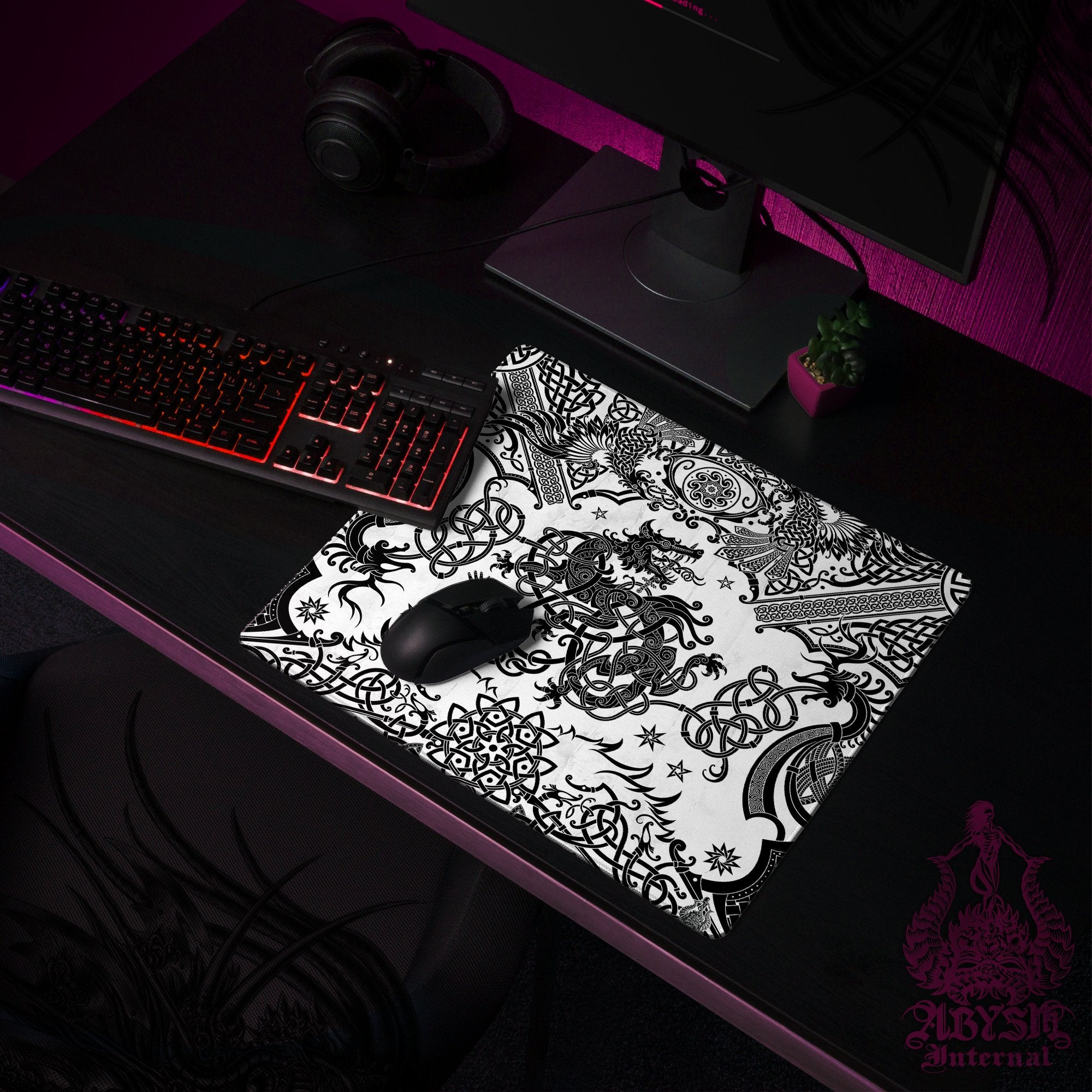 Fenrir Mouse Pad, Norse Wolf Gaming Desk Mat, Viking Workpad, Nordic Knotwork Table Protector Cover, Art Print - Black White - Abysm Internal