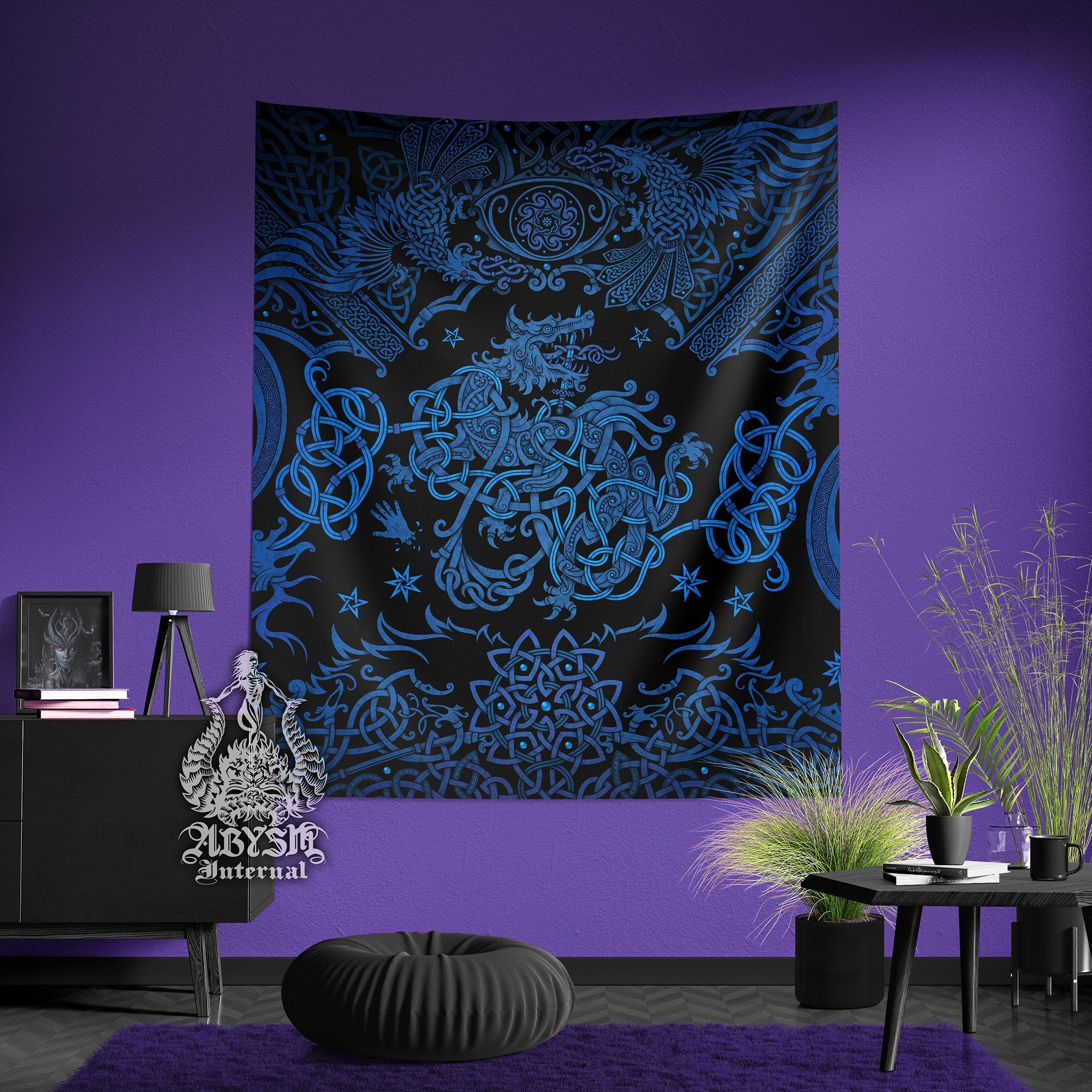 Fenrir Tapestry, Norse Wolf Wall Hanging, Nordic Mythology Art, Viking Home Decor, Vertical Print - Blue Black - Abysm Internal