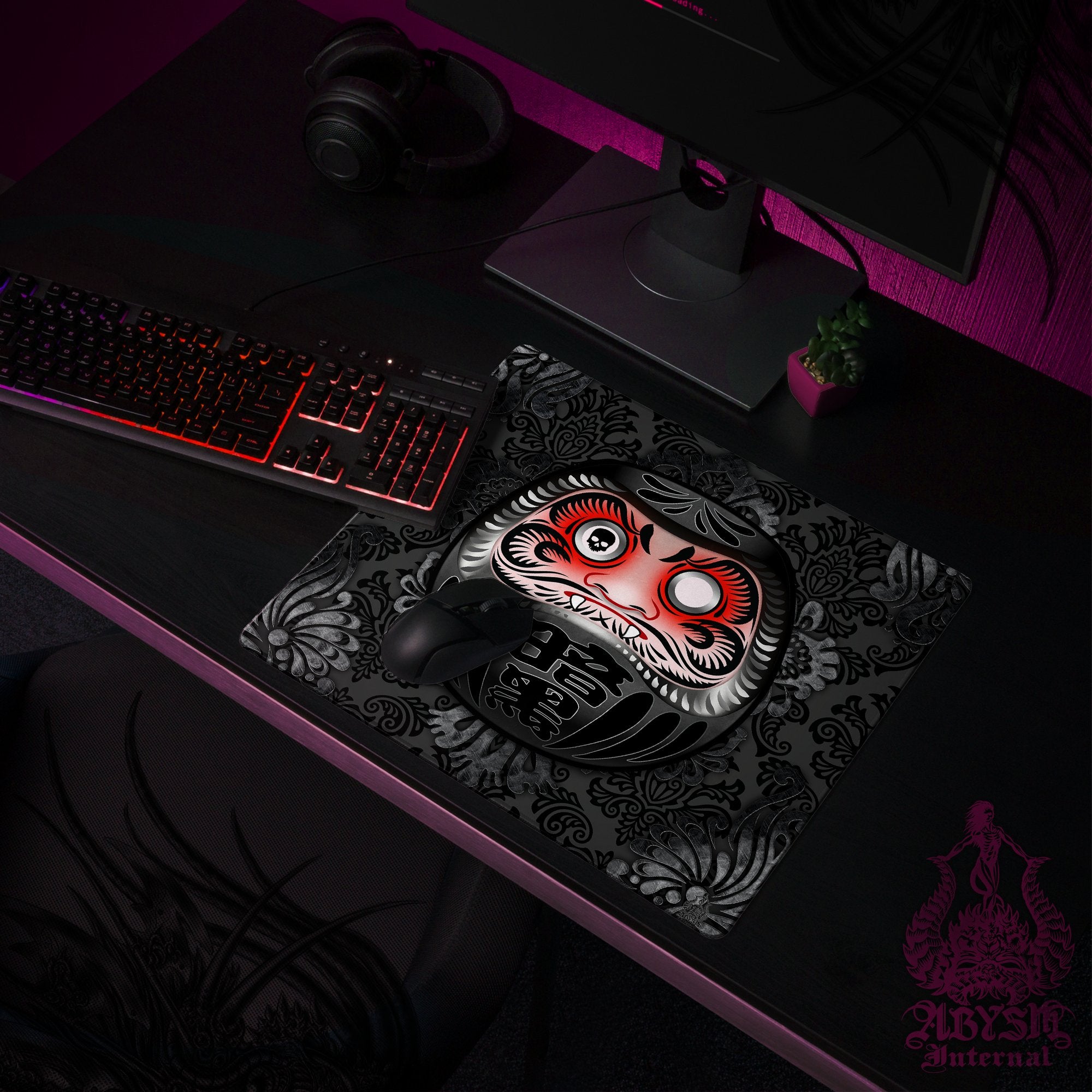 Gaming Desk Mat, Funny Daruma Mouse Pad, Gothic Table Protector Cover, Black Workpad, Dark Japanese Art Print - 2 Colors - Abysm Internal