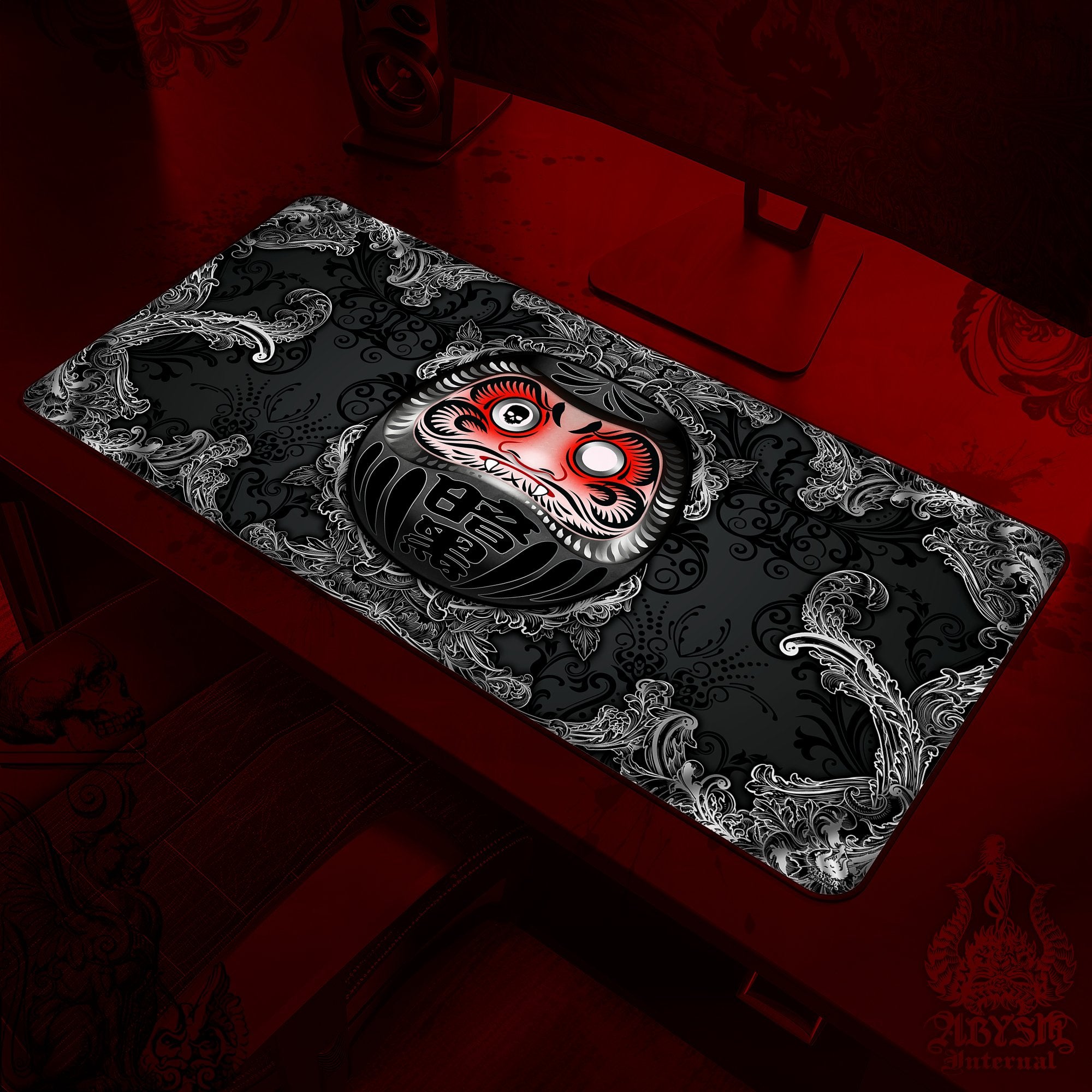 Gaming Desk Mat, Funny Daruma Mouse Pad, Gothic Table Protector Cover, Black Workpad, Dark Japanese Art Print - 2 Colors - Abysm Internal