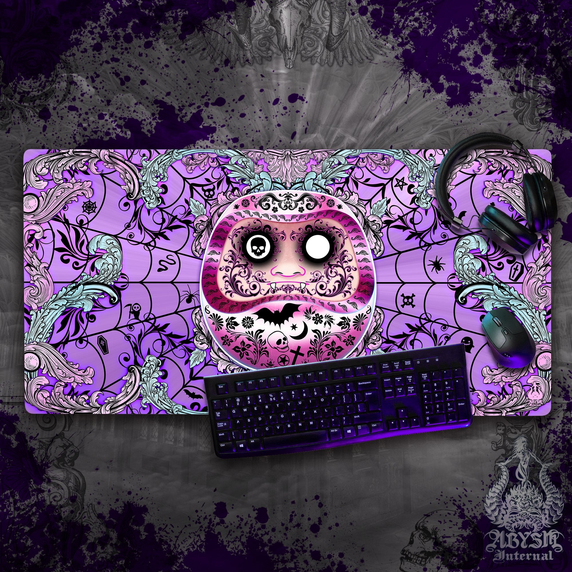 Gaming Mouse Pad, Funny Daruma Desk Mat, Pastel Goth Table Protector Cover, Purple and Black Workpad, Dark Japanese Art Print - 2 Colors - Abysm Internal