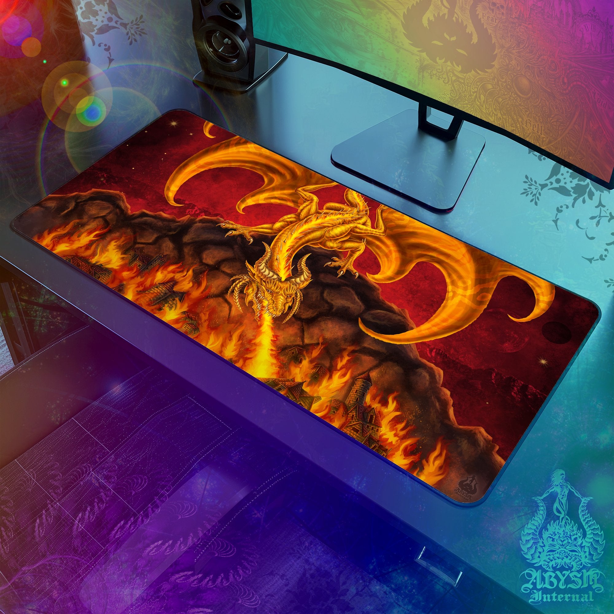 Gold Dragon Workpad, Fantasy Art Gaming Mouse Pad, Game Desk Mat, Table Protector Cover, RPG, DM Gift Print - Fire - Abysm Internal