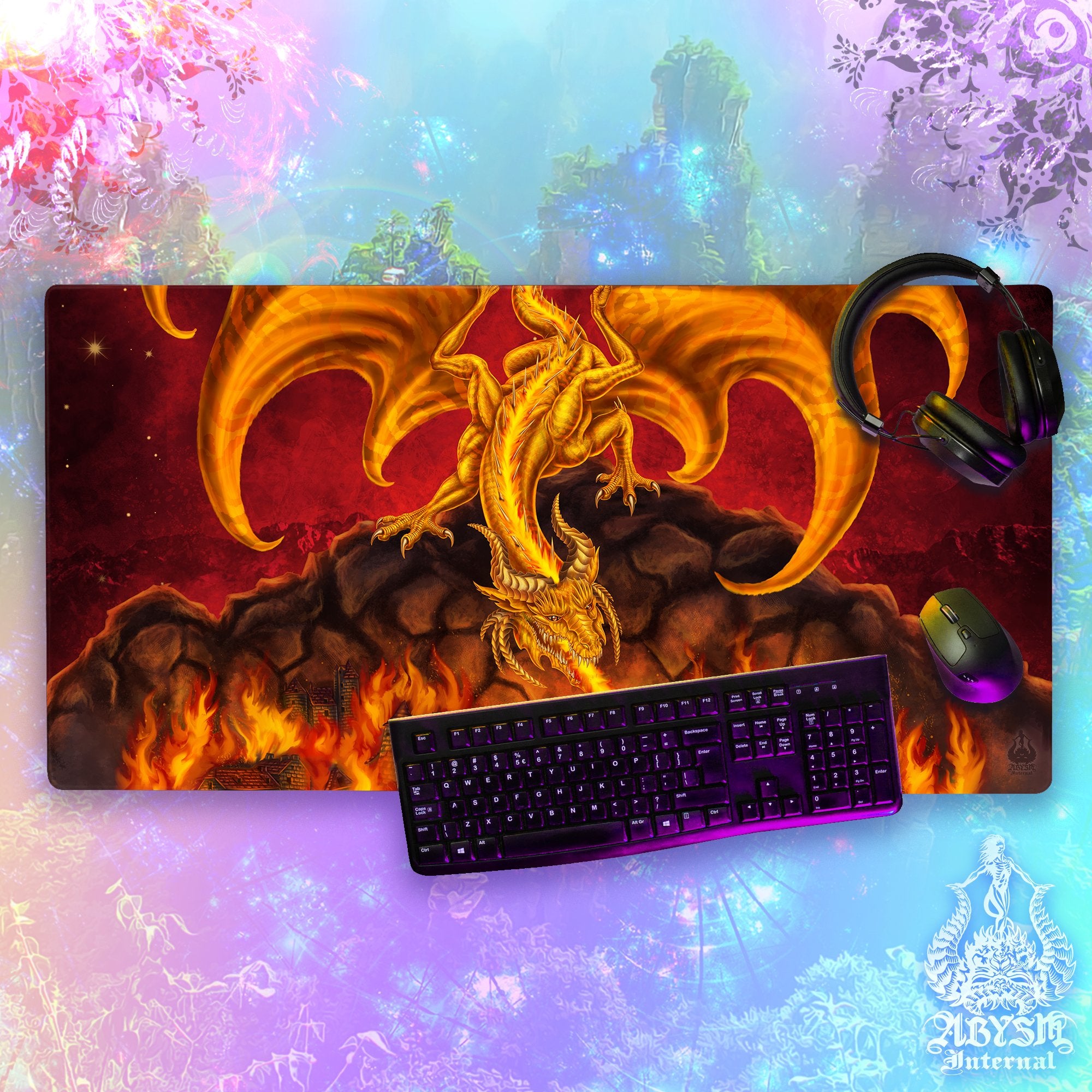 Gold Dragon Workpad, Fantasy Art Gaming Mouse Pad, Game Desk Mat, Table Protector Cover, RPG, DM Gift Print - Fire - Abysm Internal