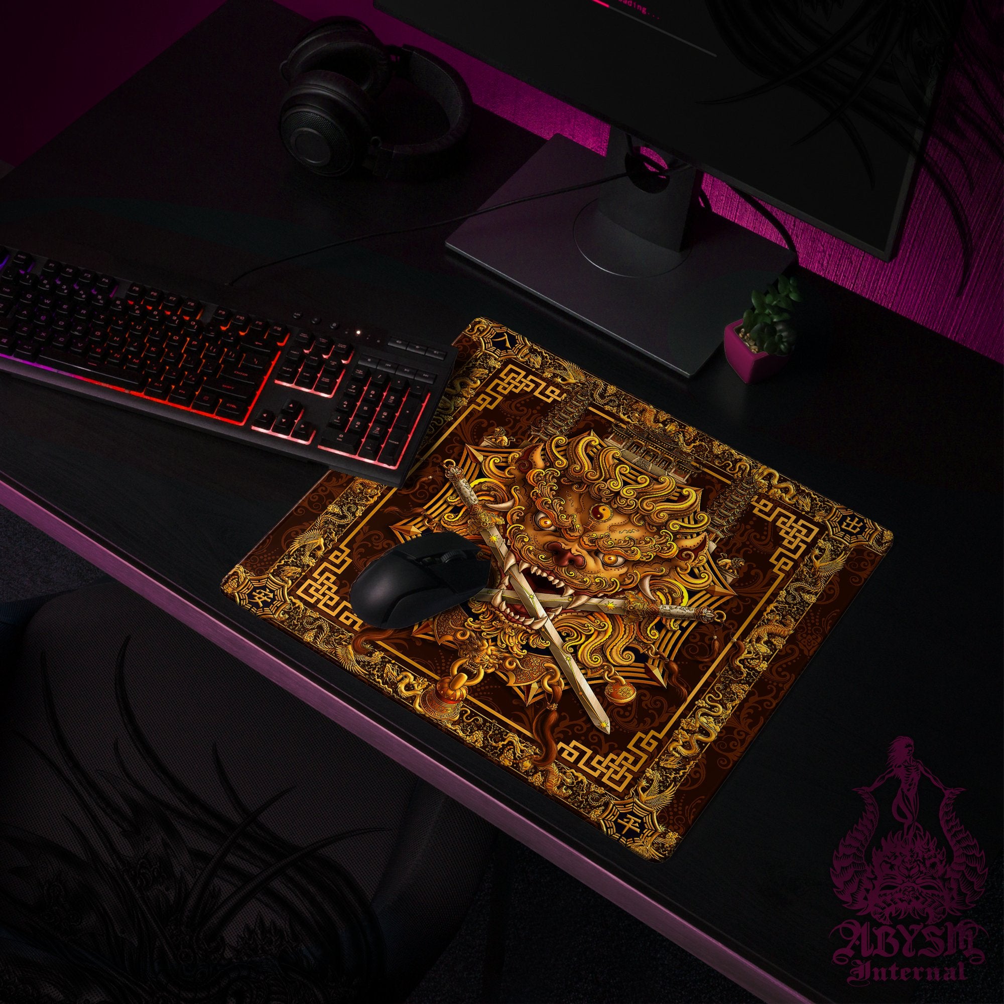 Gold Lion Gaming Mouse Pad, Taiwan Desk Mat, Chinese Table Protector Cover, Asian Workpad, Fanasy Art Print - Abysm Internal