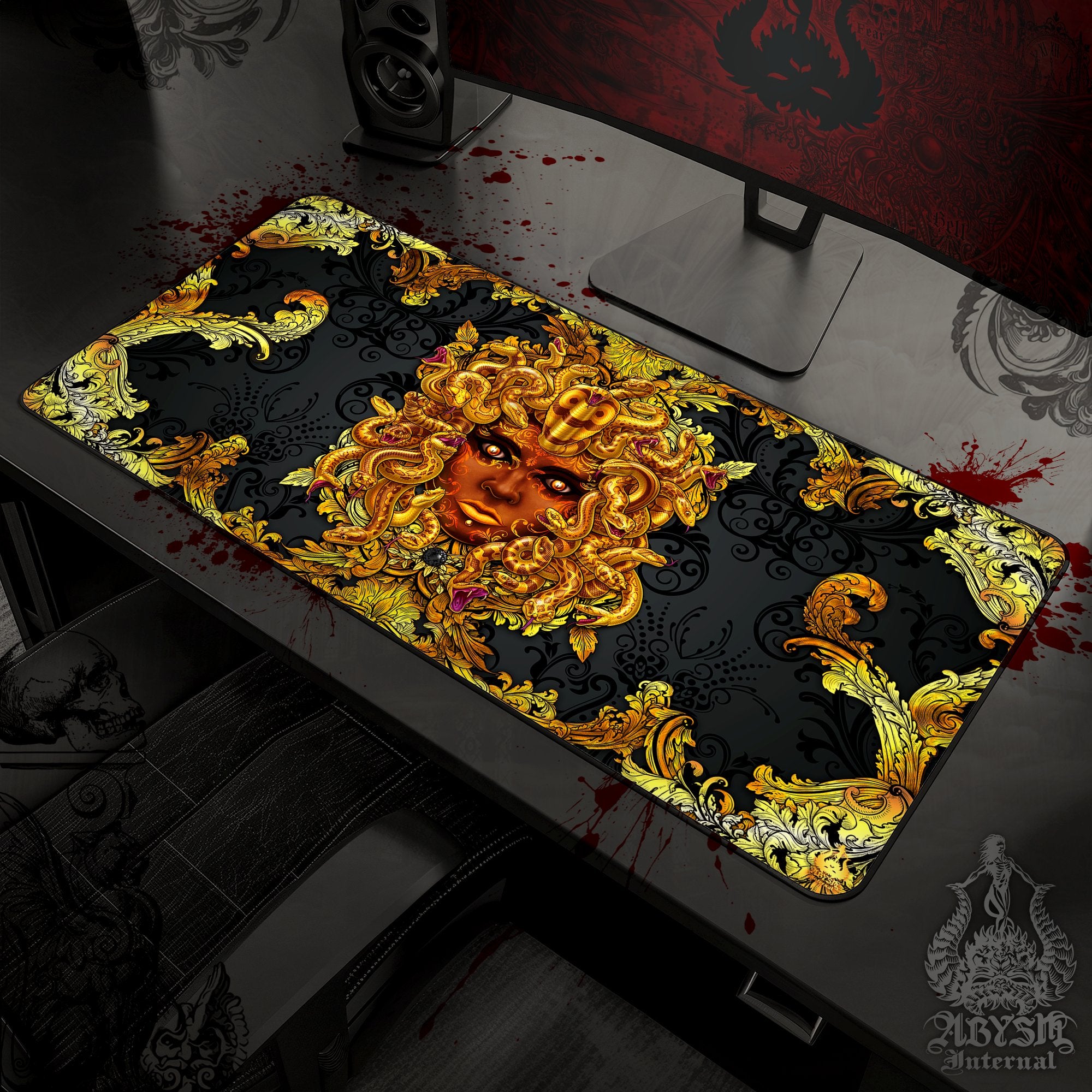 Gold Medusa Mouse Pad, Baroque Skull Gaming Desk Mat, Ornamented Workpad, Gamer Table Protector Cover, Dark Fantasy Art Print - 2 Options - Abysm Internal