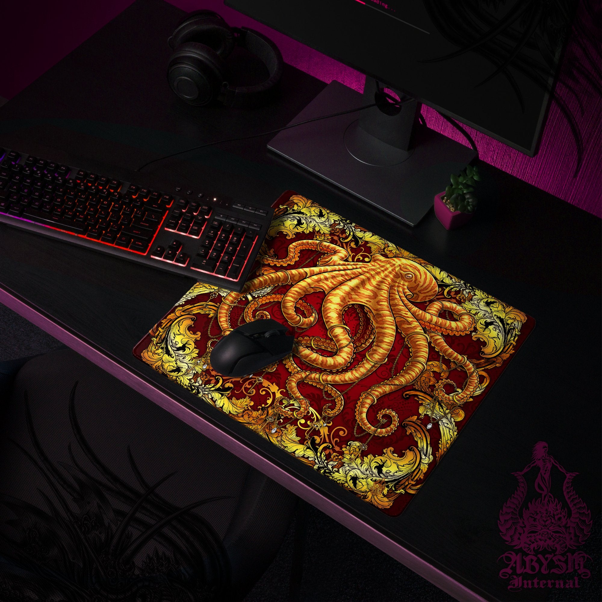Gold Octopus Mouse Pad, Tentacles Gaming Desk Mat, Baroque Workpad, Gamer Table Protector Cover, Fantasy Art Print - 2 Colors - Abysm Internal
