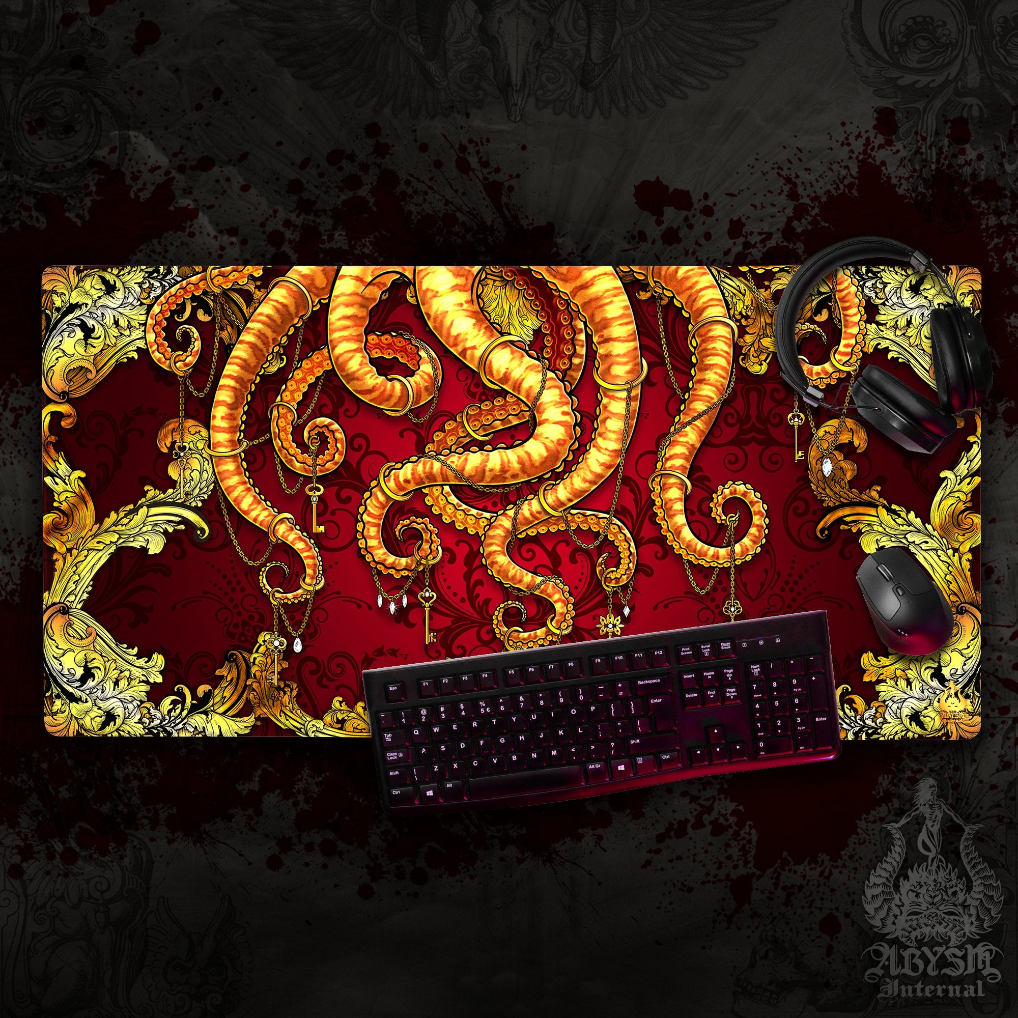 Gold Octopus Mouse Pad, Tentacles Gaming Desk Mat, Baroque Workpad, Gamer Table Protector Cover, Fantasy Art Print - 2 Colors - Abysm Internal