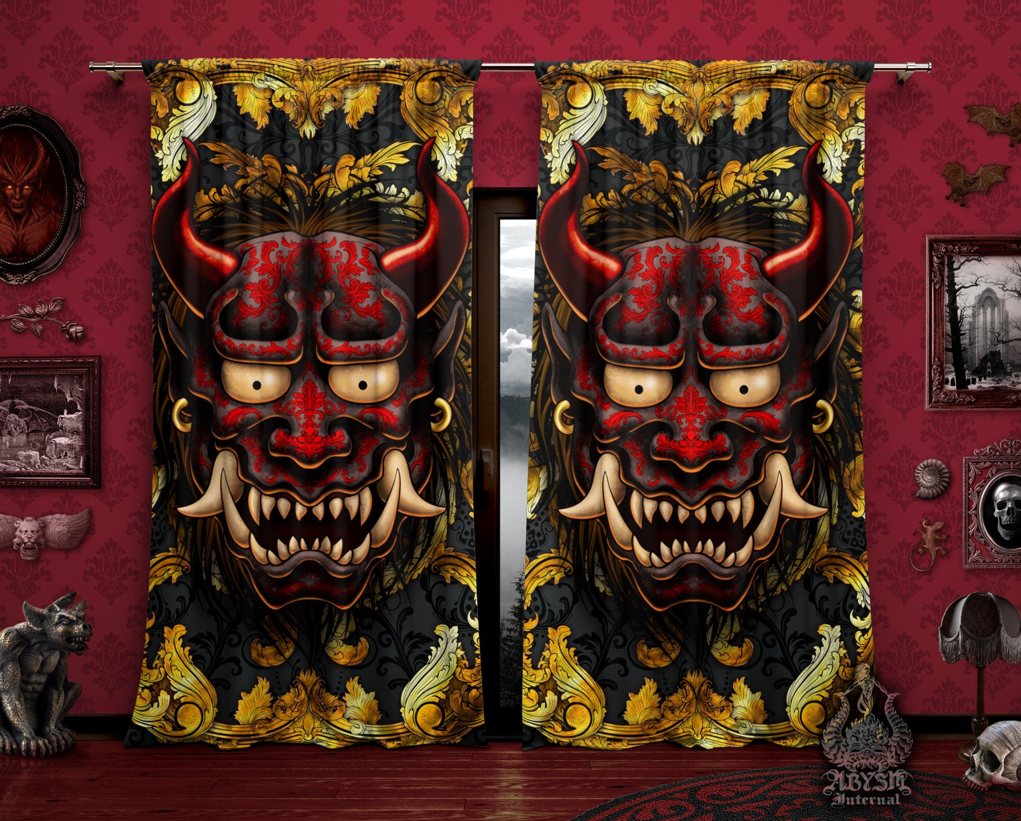 Gold Oni Curtains, 50x84' Printed Window Panels, Japanese Demon, Dark Fantasy Decor, Art Print - Red or Black, 2 Colors - Abysm Internal