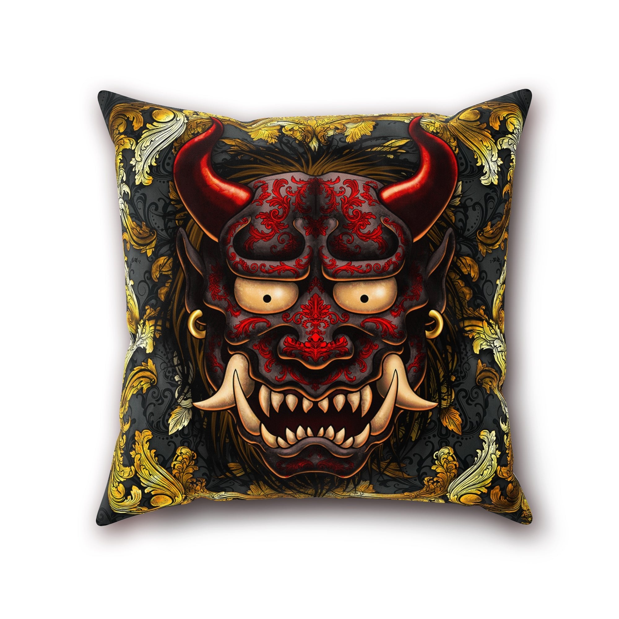Gold Oni Throw Pillow, Decorative Accent Pillow, Square Cushion Cover, Demon, Alternative Home - Red or Black, 2 Colors - Abysm Internal