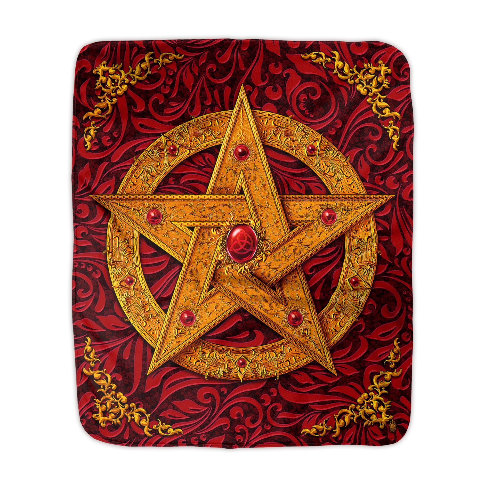 Gold Pentacle Sherpa Fleece Throw Blanket, Wiccan and Pagan Decor, Witchy Room - Blue, Purple, Green and Red, 4 Colors - Abysm Internal