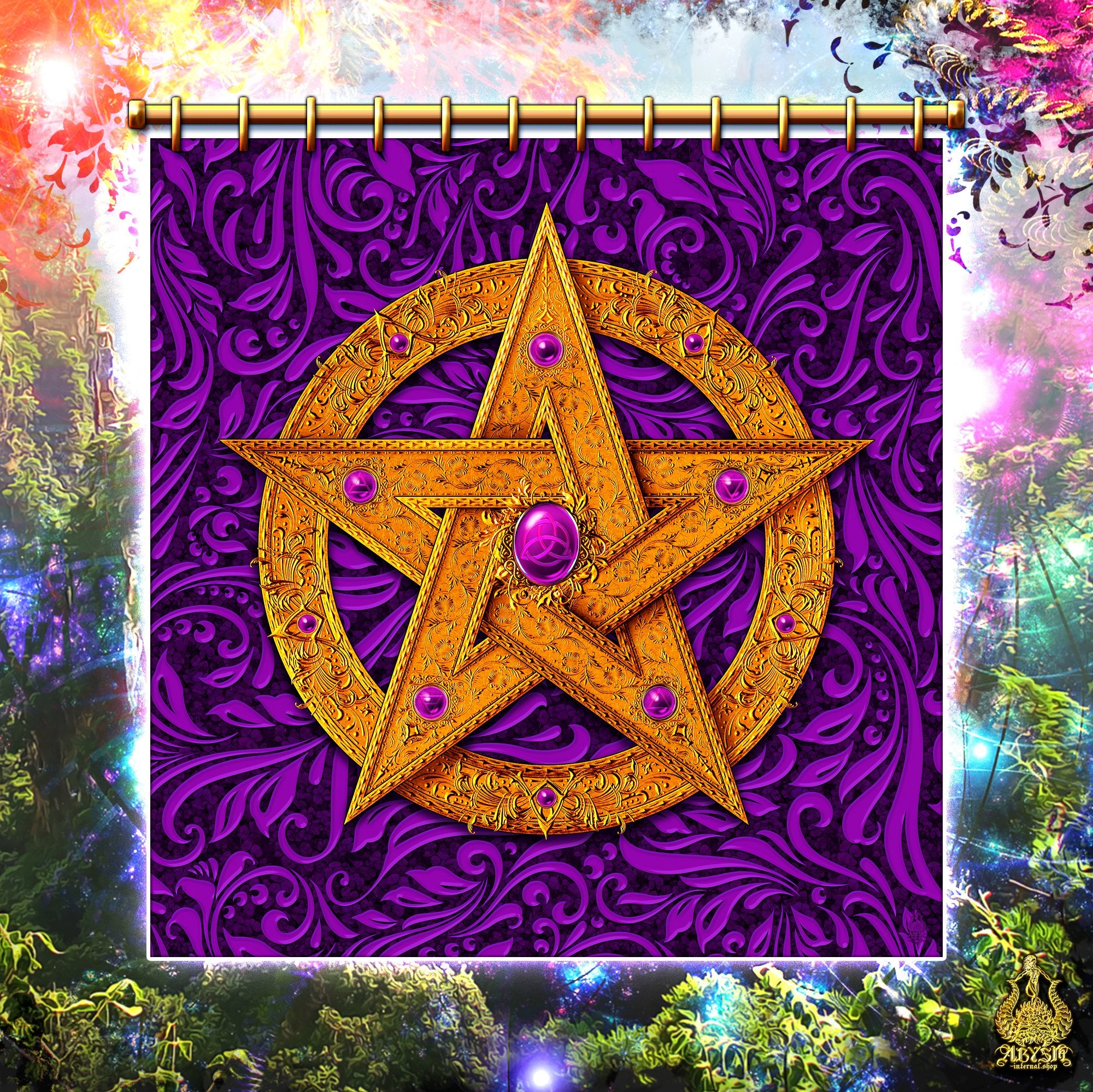 Gold Pentacle Shower Curtain, 71x74 inches, Witch Bathroom Decor, Wicca Art, Eclectic and Funky Home Art - Star, 4 Colours - Abysm Internal