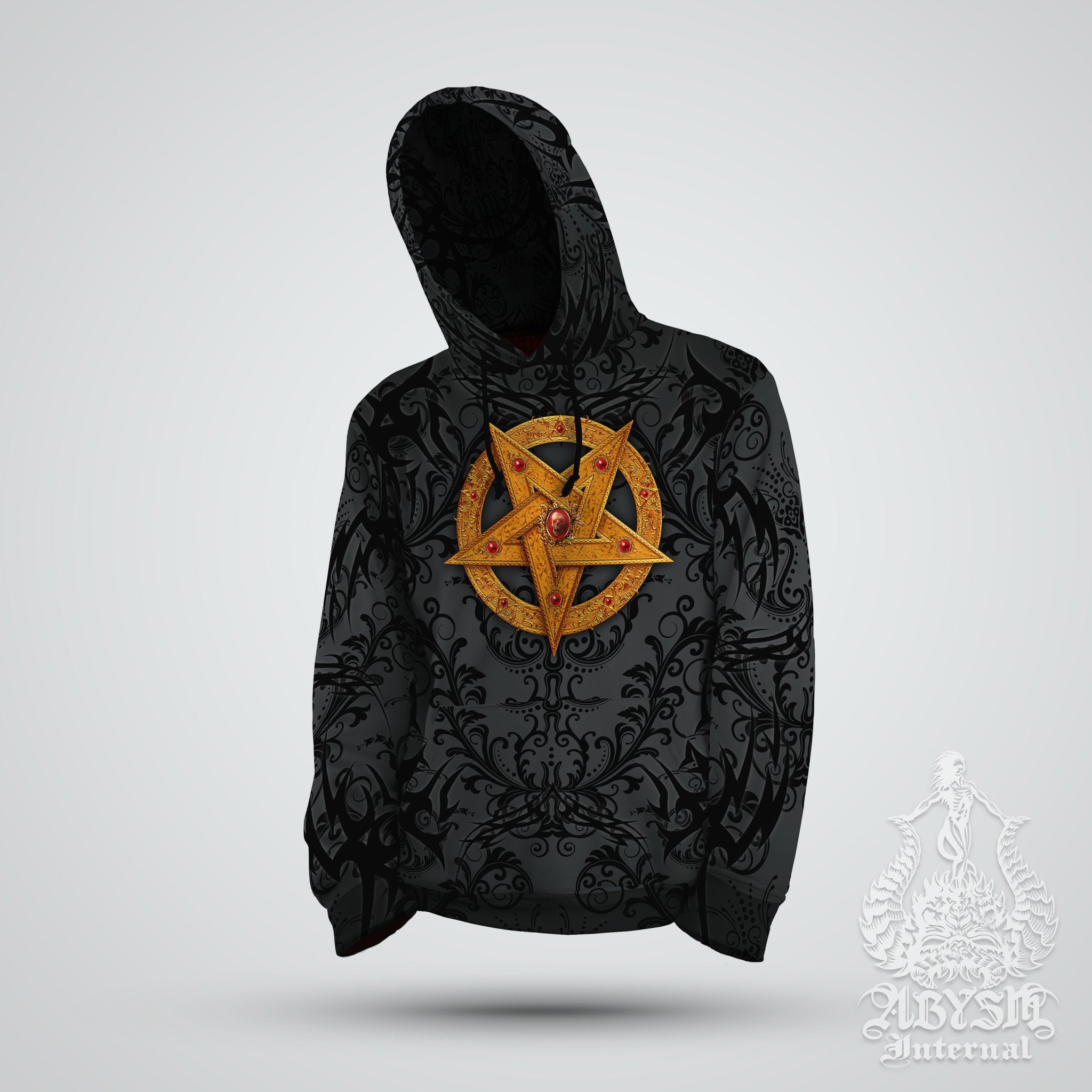 Gold Pentagram Hoodie, Black Metal Streetwear, Gothic Sweater, Satanic Goth Outfit, Alternative Clothing, Unisex - Red or Black, 2 Colors - Abysm Internal
