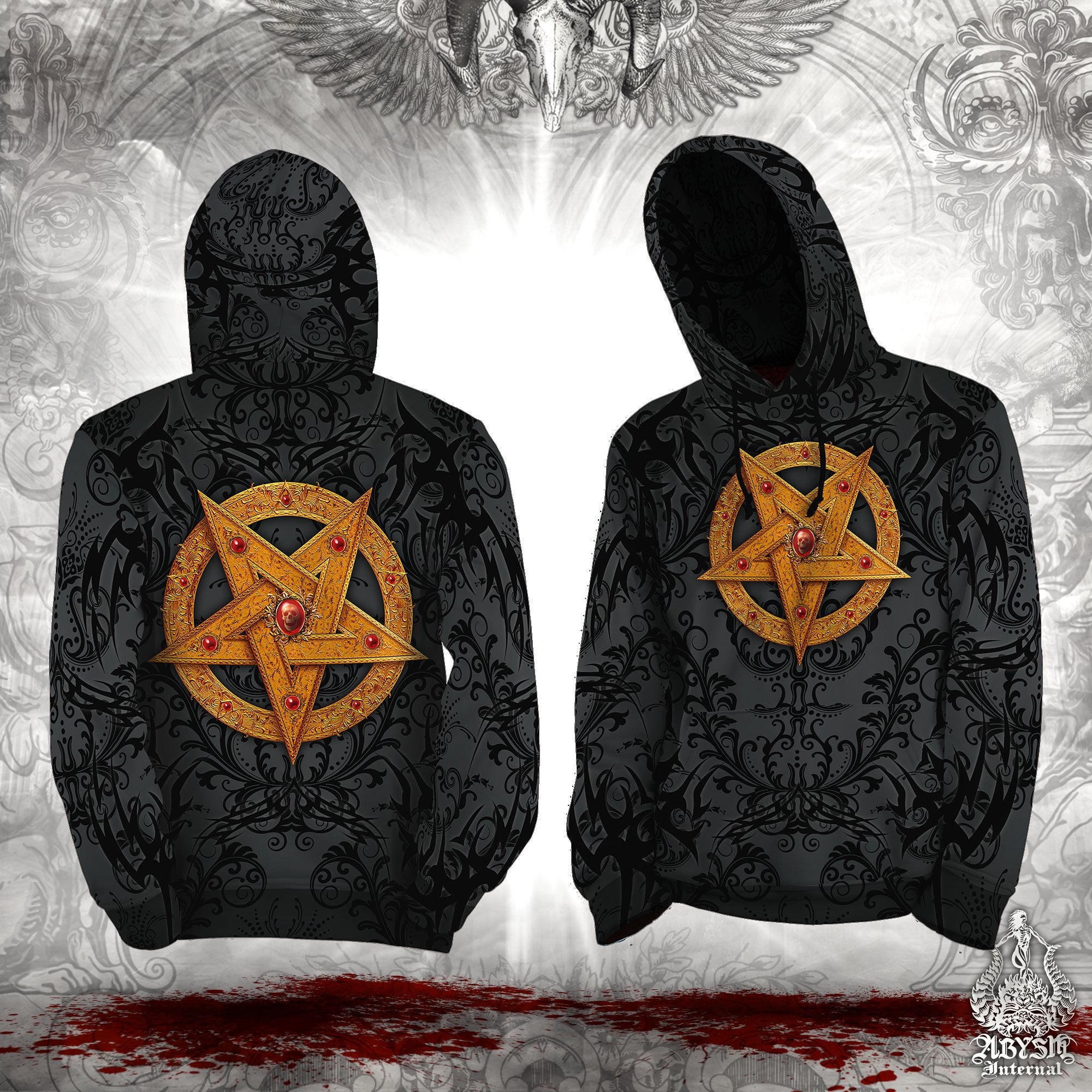 Gold Pentagram Hoodie, Black Metal Streetwear, Gothic Sweater, Satanic Goth Outfit, Alternative Clothing, Unisex - Red or Black, 2 Colors - Abysm Internal