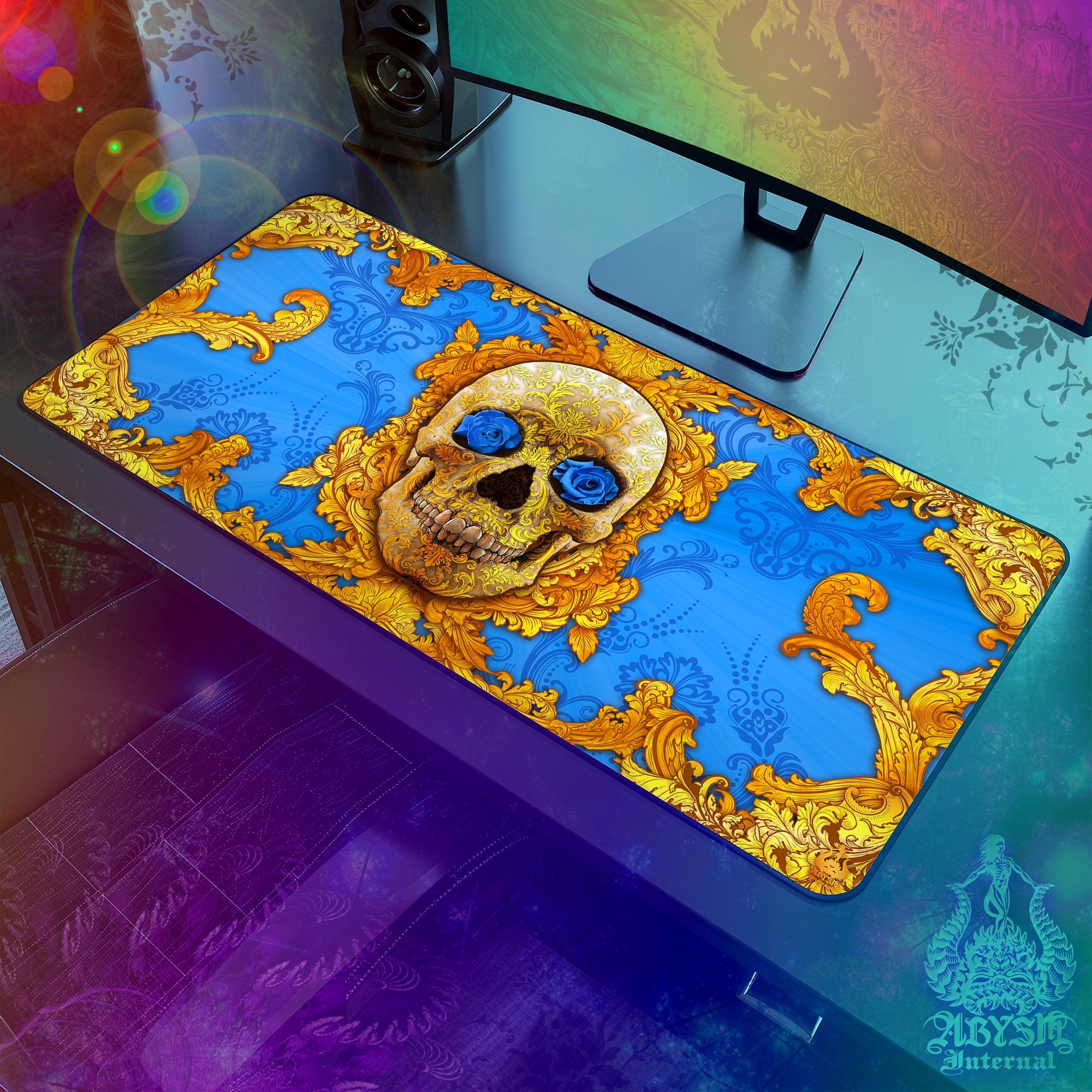 Gold Skull Desk Mat, Cyan Gaming Mouse Pad, Baroque Table Protector Cover, Blue Roses Workpad, Ornamented Art Print - Abysm Internal
