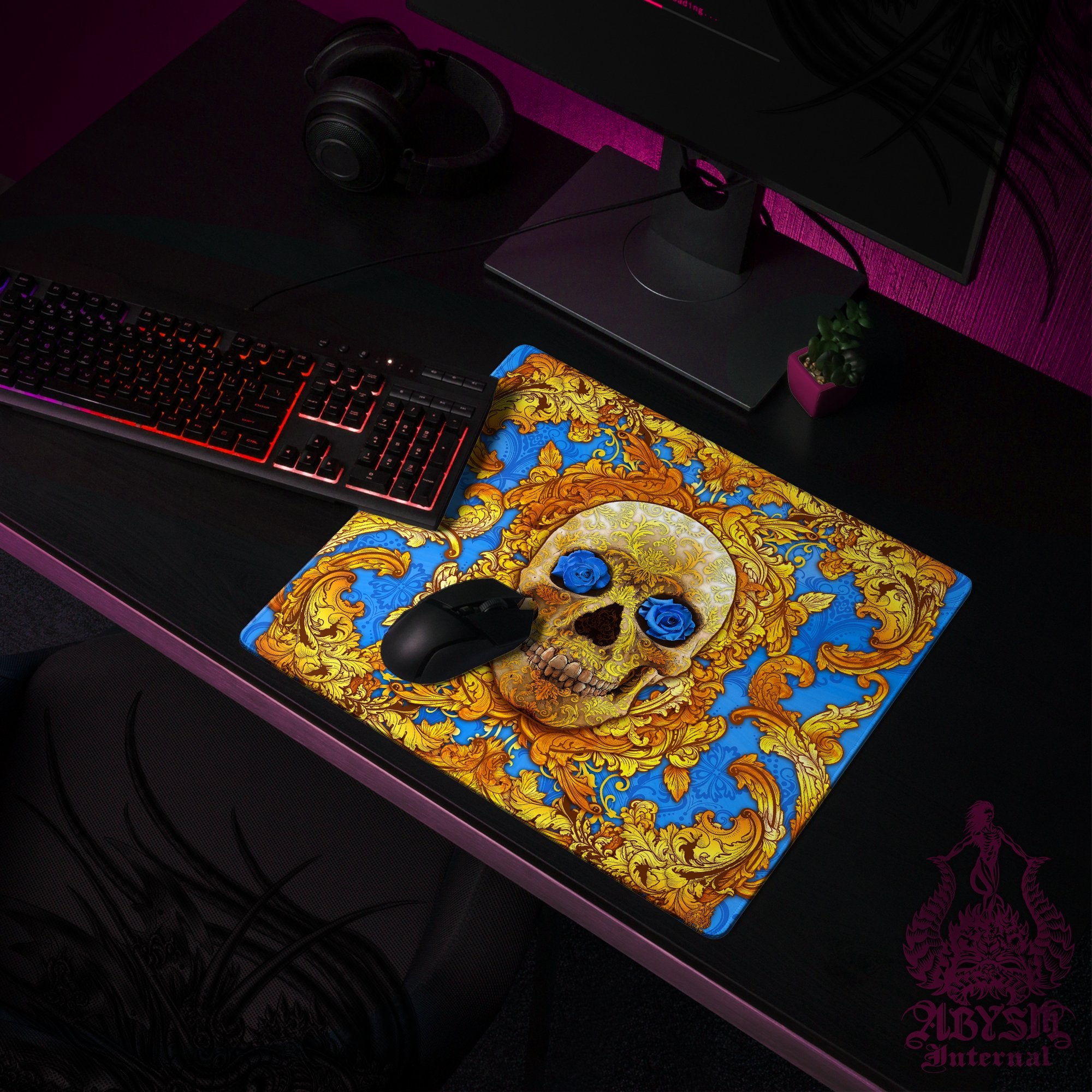 Gold Skull Desk Mat, Cyan Gaming Mouse Pad, Baroque Table Protector Cover, Blue Roses Workpad, Ornamented Art Print - Abysm Internal