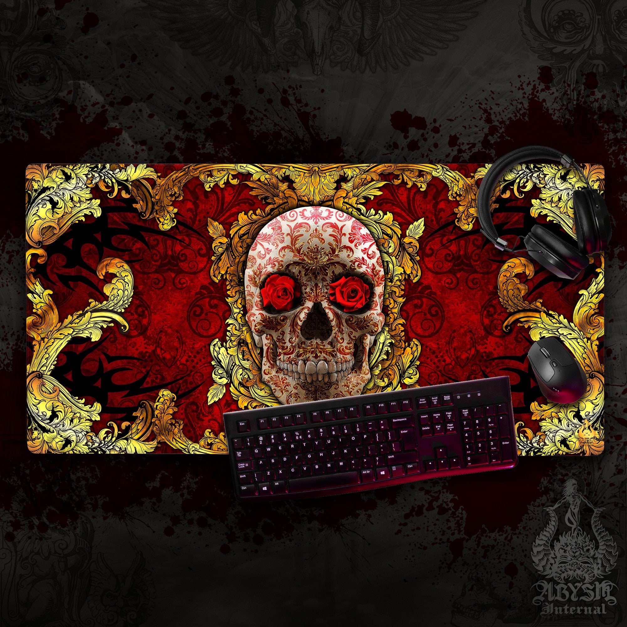 Gold Skull Desk Mat, Ornamented Gaming Mouse Pad, Vintage Table Protector Cover, Baroque Workpad, Art Print - Red - Abysm Internal
