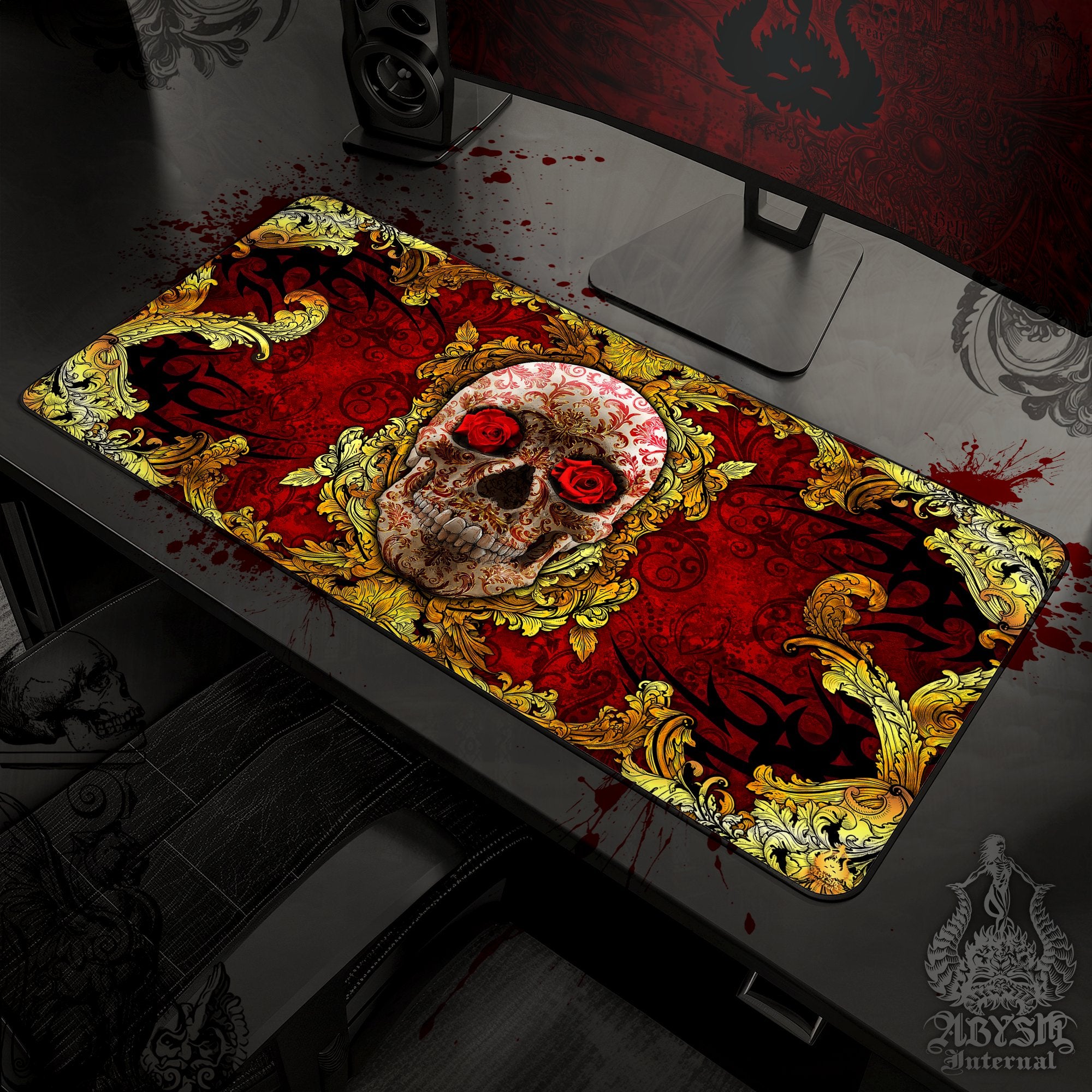 Gold Skull Desk Mat, Ornamented Gaming Mouse Pad, Vintage Table Protector Cover, Baroque Workpad, Art Print - Red - Abysm Internal