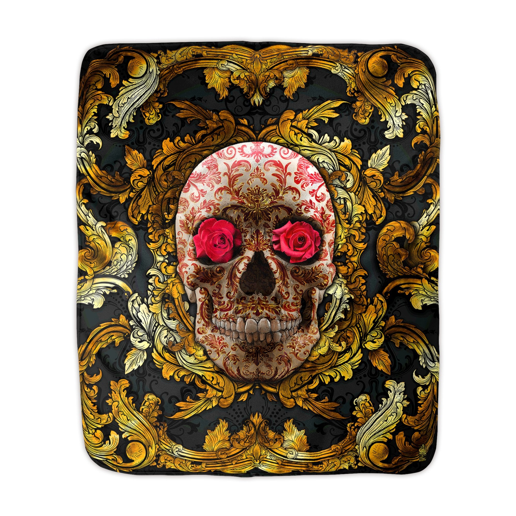 Gold Skull Sherpa Fleece Throw Blanket, Macabre Art, Baroque Decor - 2 versions - Abysm Internal