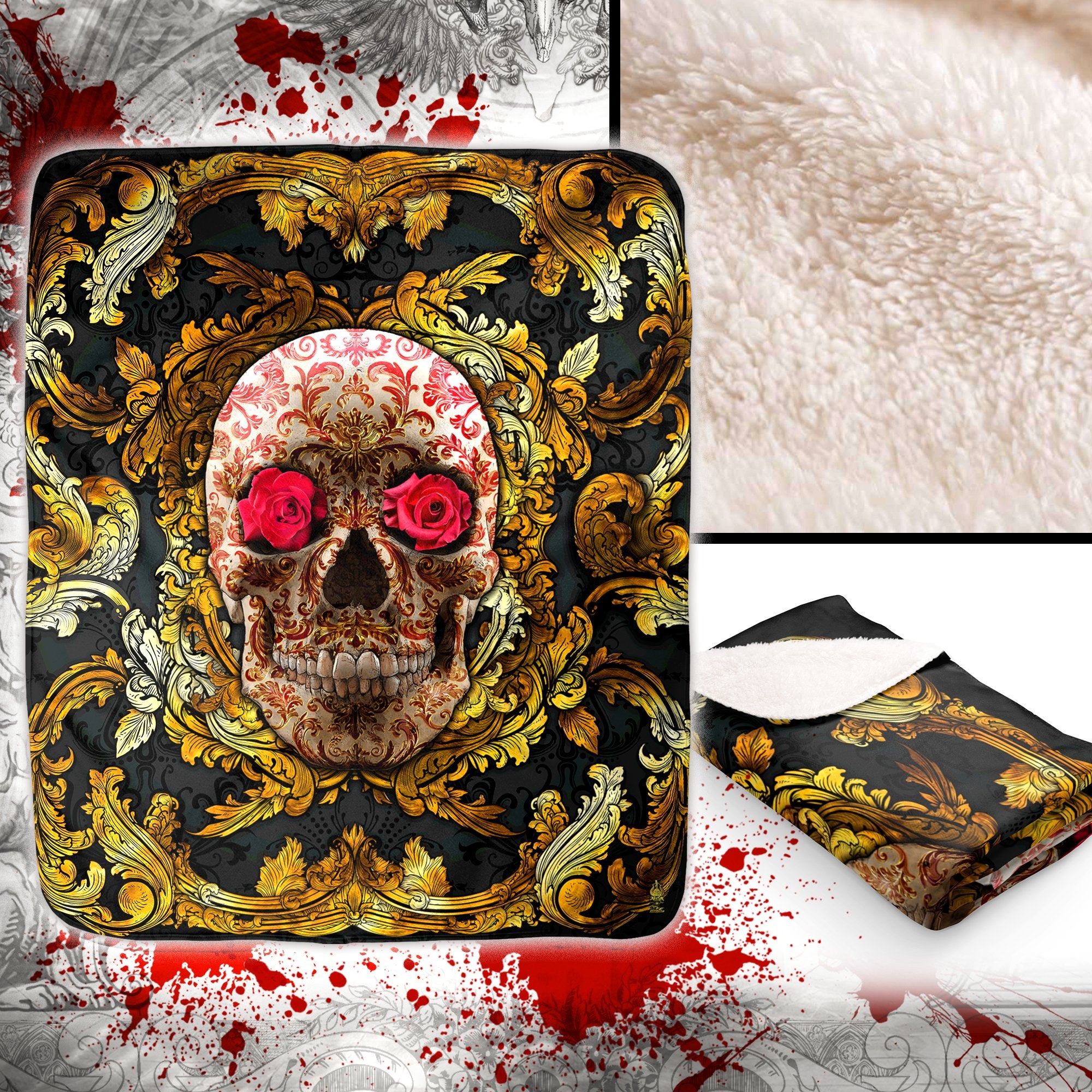Gold Skull Sherpa Fleece Throw Blanket, Macabre Art, Baroque Decor - 2 versions - Abysm Internal