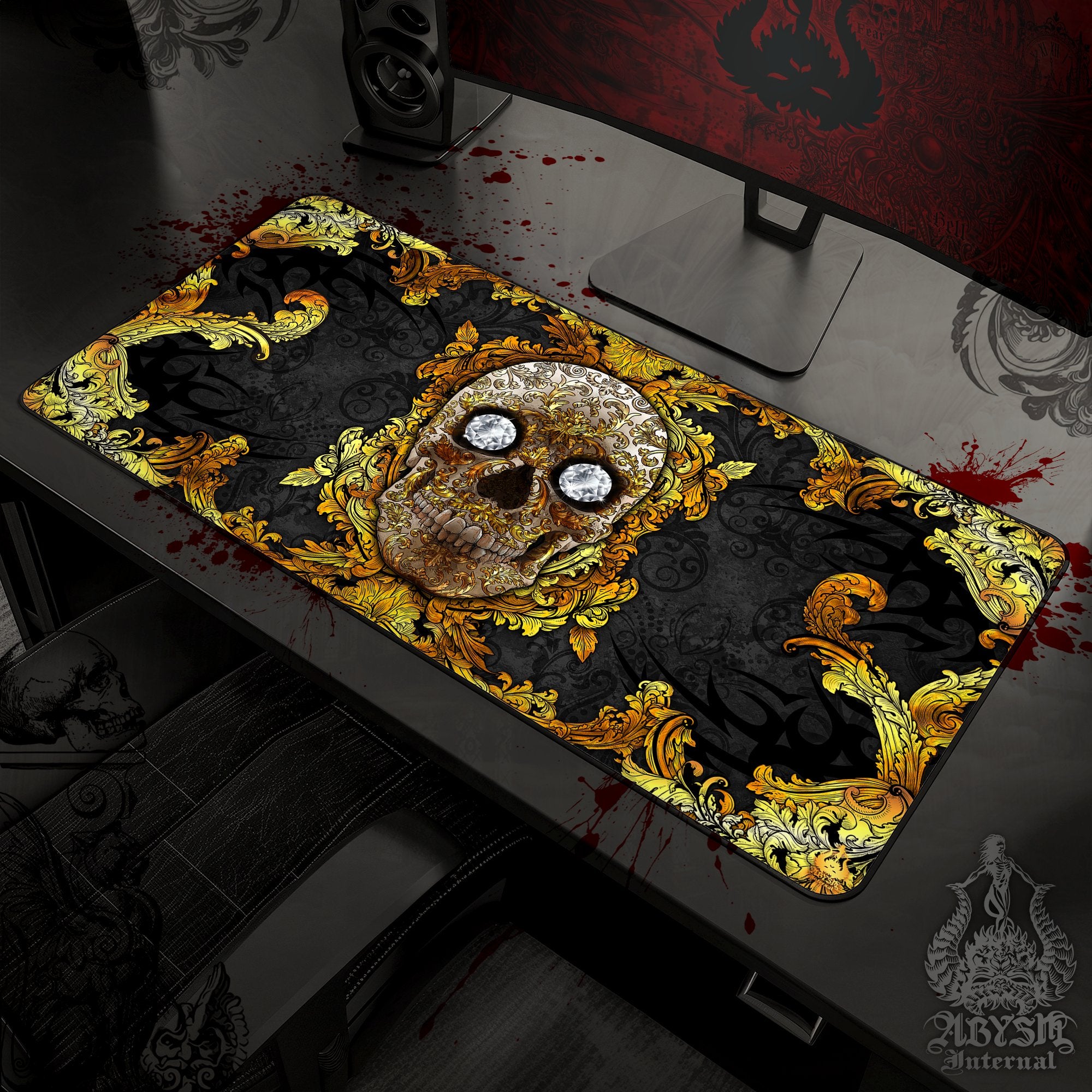 Gold Skull Workpad, Baroque Desk Mat, Ornamented Gaming Mouse Pad, Vintage Table Protector Cover, Art Print - Black - Abysm Internal