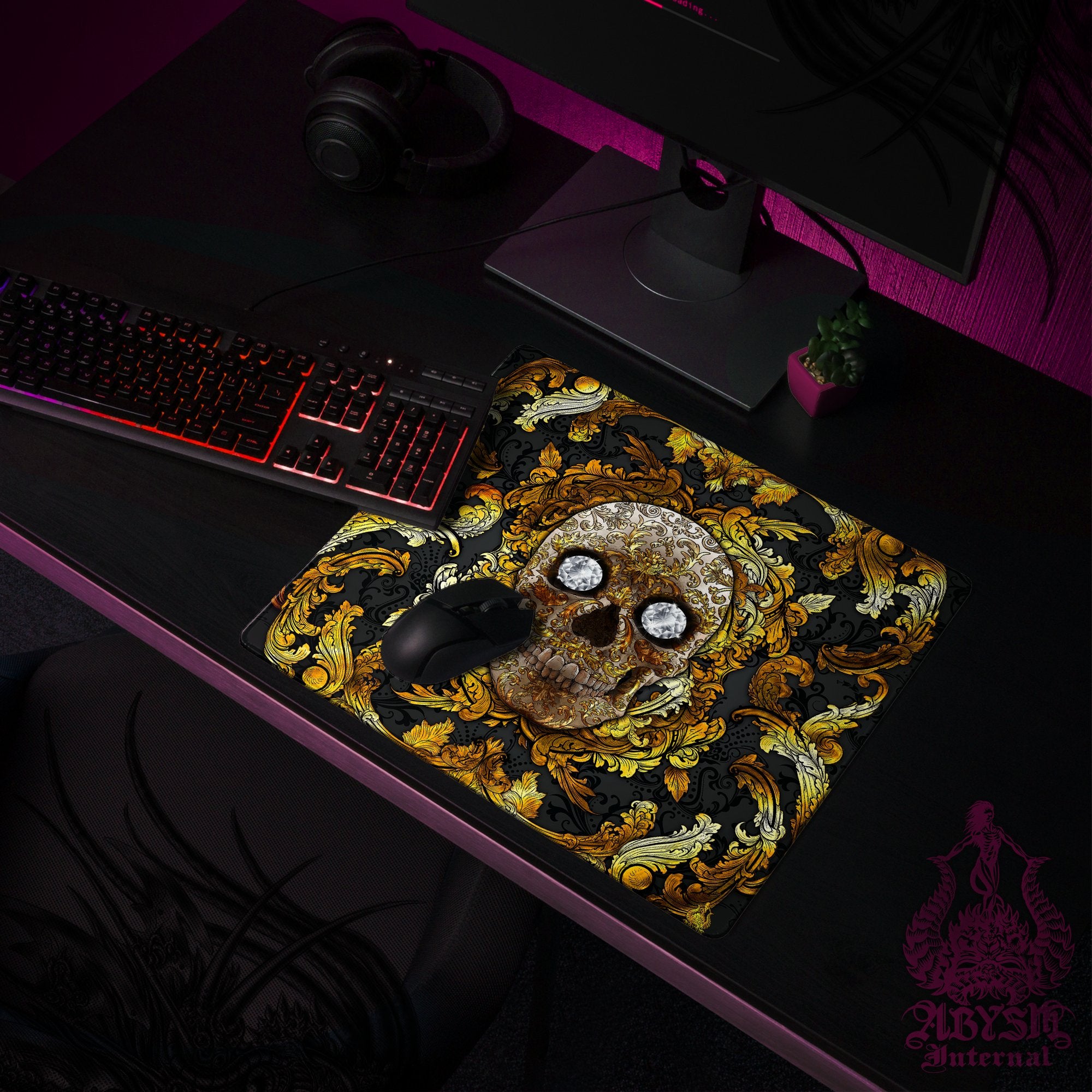 Gold Skull Workpad, Baroque Desk Mat, Ornamented Gaming Mouse Pad, Vintage Table Protector Cover, Art Print - Black - Abysm Internal