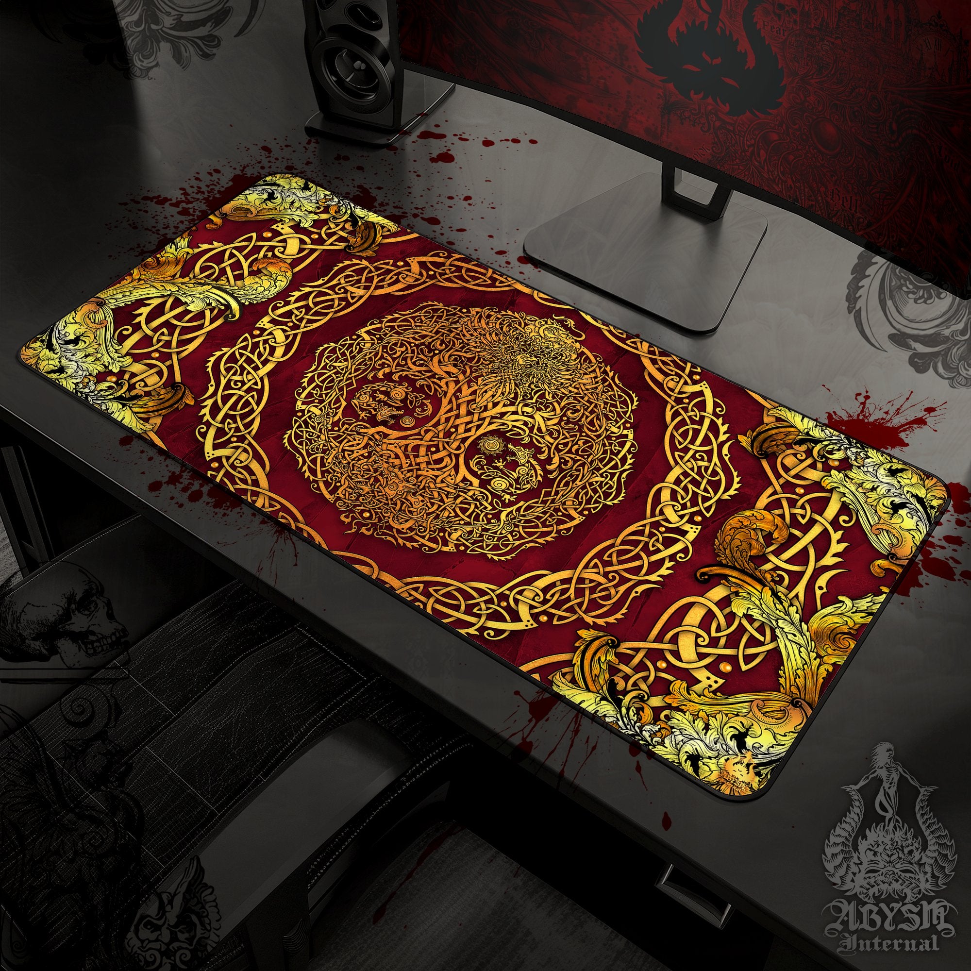 Gold Yggdrasil Desk Mat, Viking Gaming Mouse Pad, Norse Tree of Life Table Protector Cover, Knotwork Workpad, Nordic Art Print - 3 Colors - Abysm Internal
