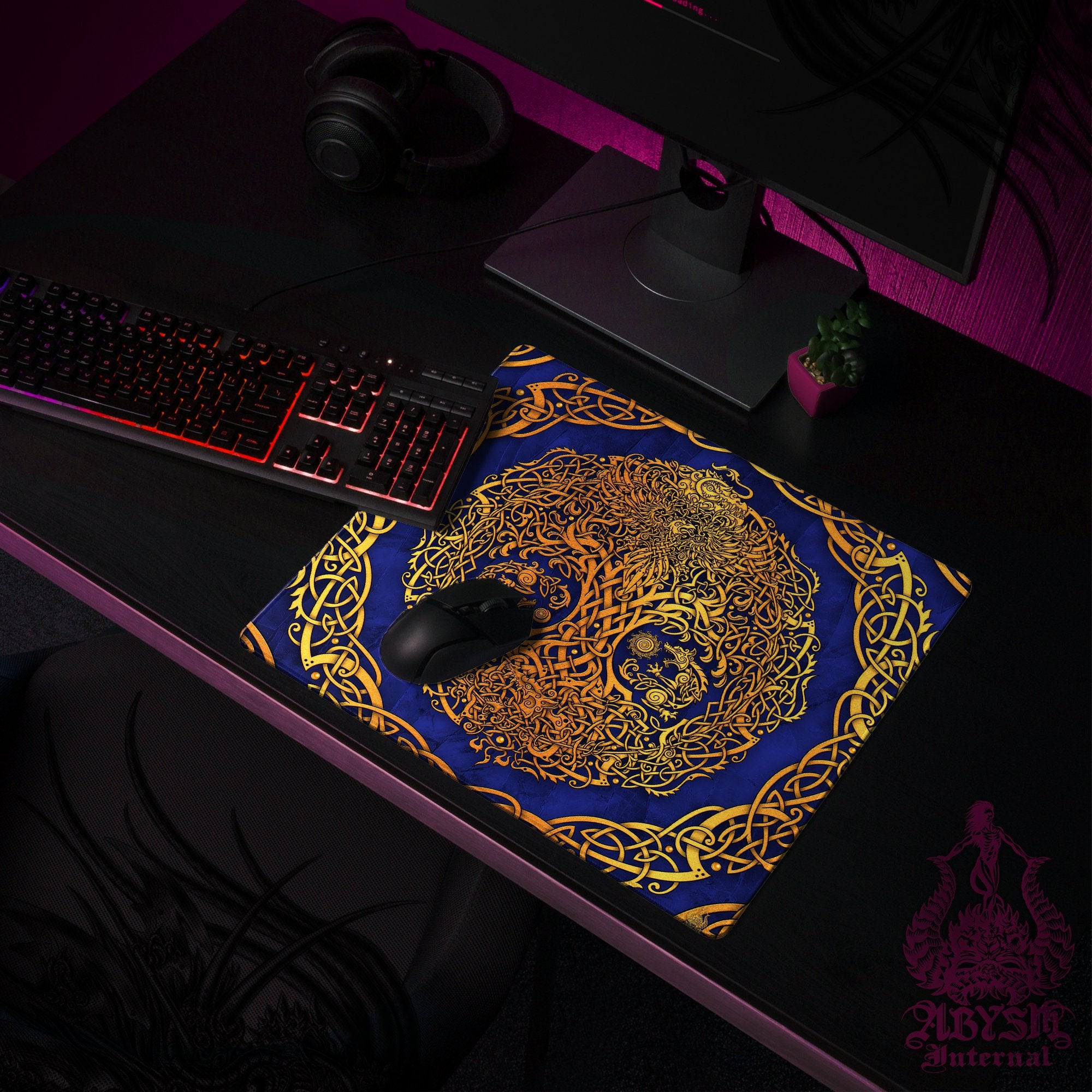 Gold Yggdrasil Desk Mat, Viking Gaming Mouse Pad, Norse Tree of Life Table Protector Cover, Knotwork Workpad, Nordic Art Print - 3 Colors - Abysm Internal