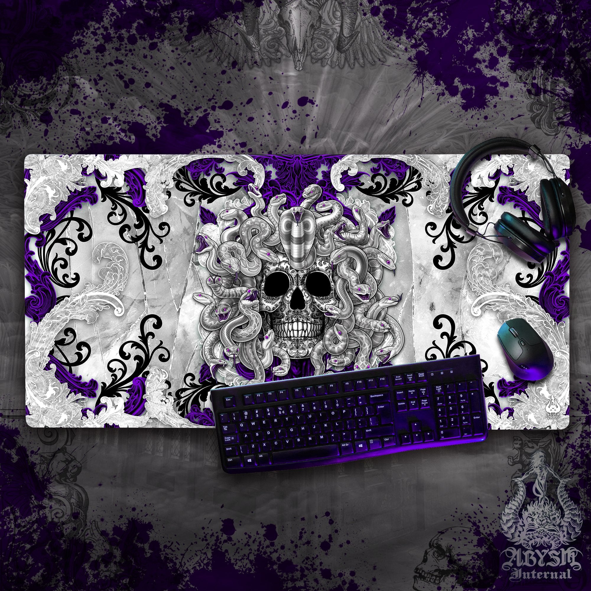 Goth Gaming Desk Mat, Gamer Mouse Pad, Medusa Skull Table Protector Cover, White Purple Workpad, Dark Fantasy Art Print - 4 Options - Abysm Internal
