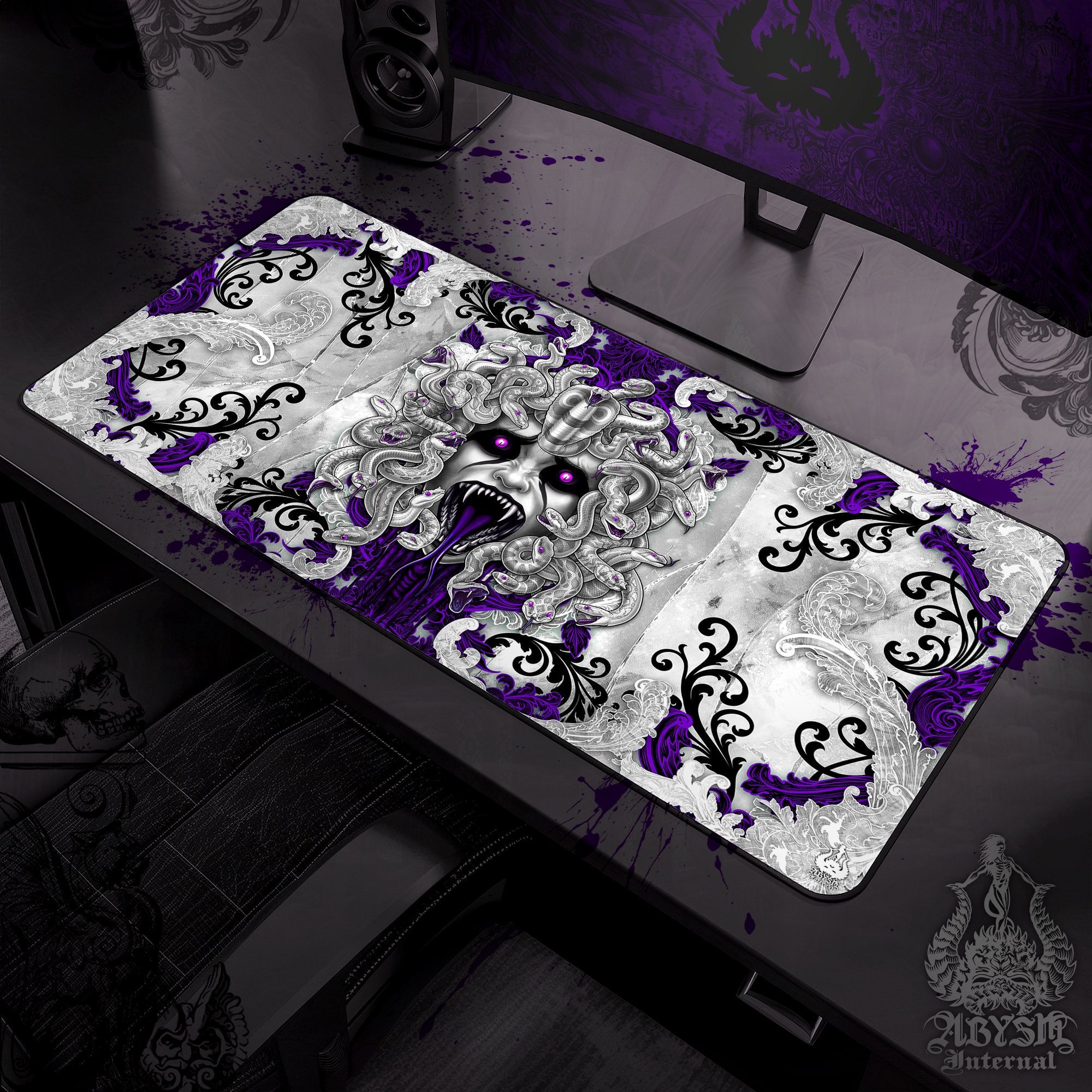 Goth Gaming Desk Mat, Gamer Mouse Pad, Medusa Skull Table Protector Cover, White Purple Workpad, Dark Fantasy Art Print - 4 Options - Abysm Internal