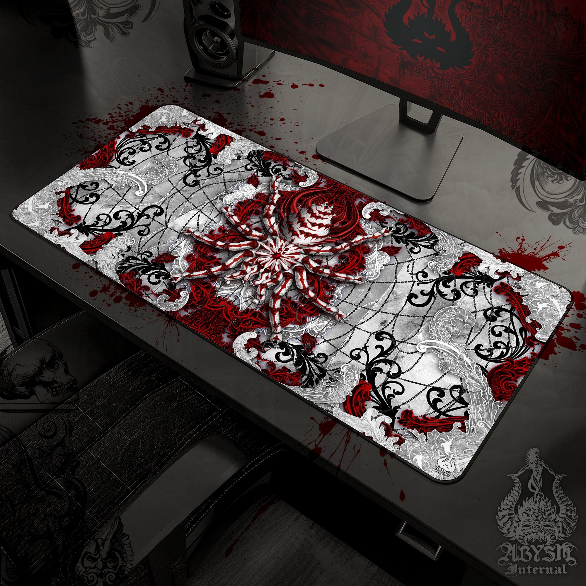 Goth Gaming Desk Mat, Spider Mouse Pad, Gamer Table Protector Cover, Halloween Workpad, Bloody White Tarantula Art Print - Abysm Internal