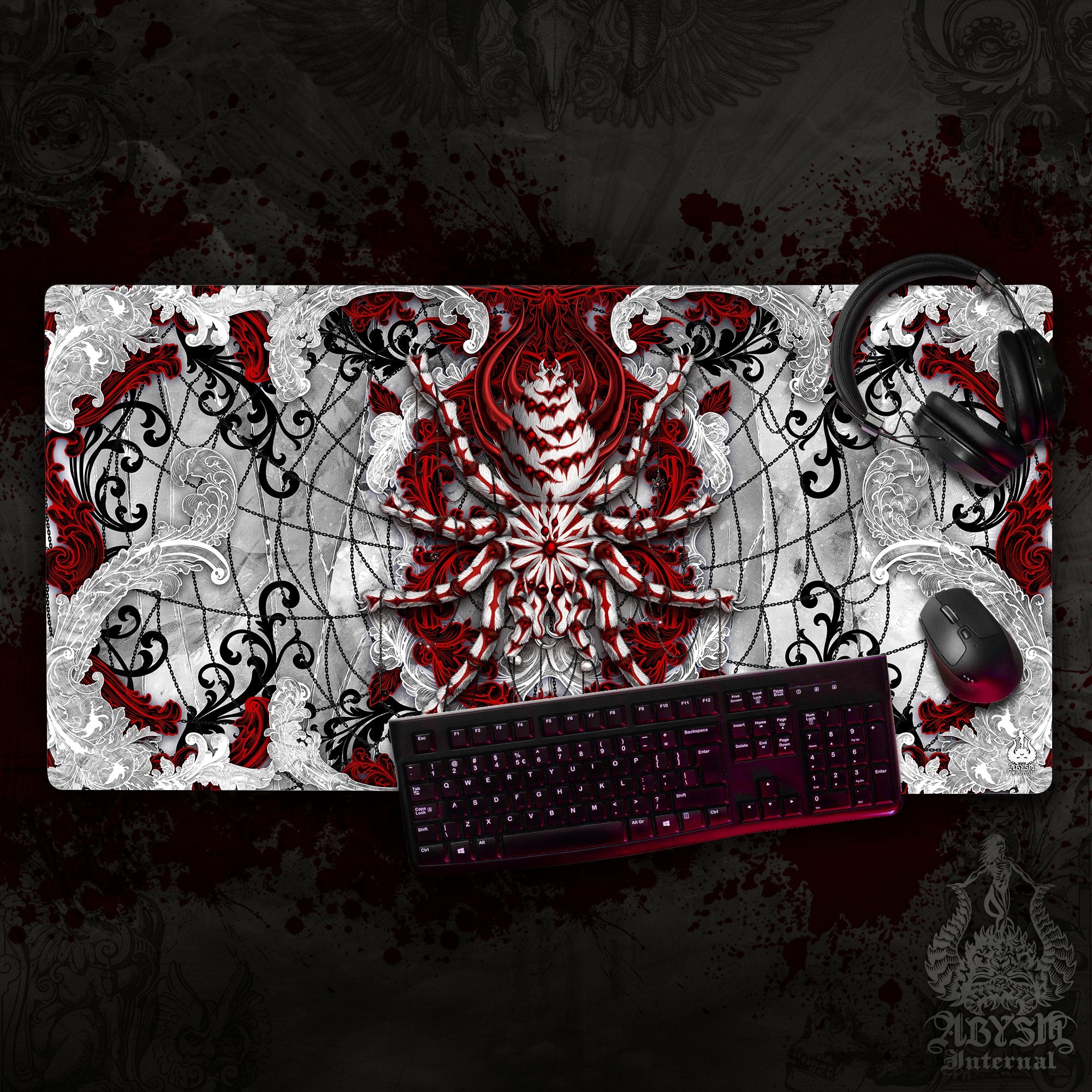 Goth Gaming Desk Mat, Spider Mouse Pad, Gamer Table Protector Cover, Halloween Workpad, Bloody White Tarantula Art Print - Abysm Internal