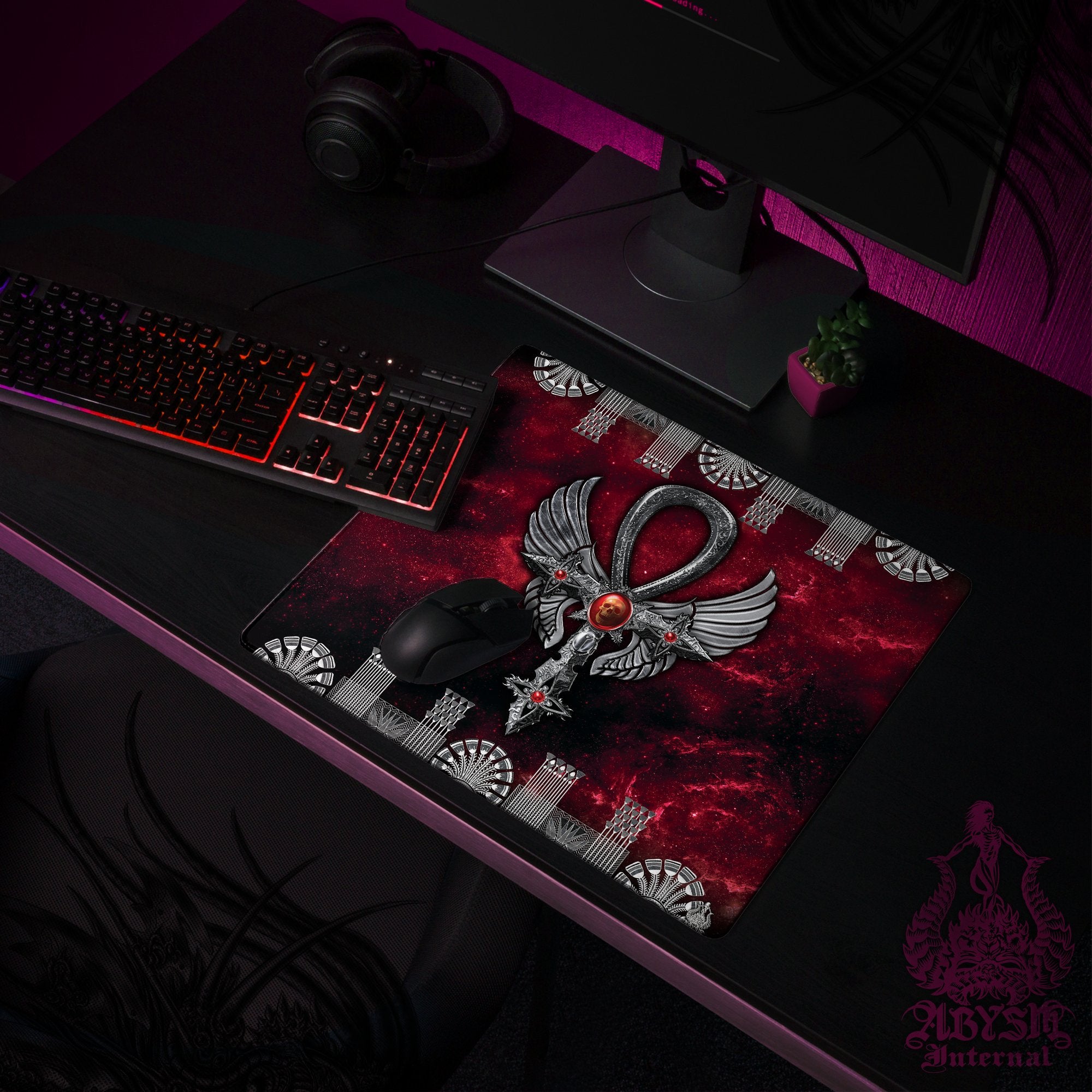 Goth Mouse Pad, Gothic Gaming Desk Mat, Silver Ankh Table Protector Cover, Egyptian Workpad, Dark Art Print - 2 Colors - Abysm Internal