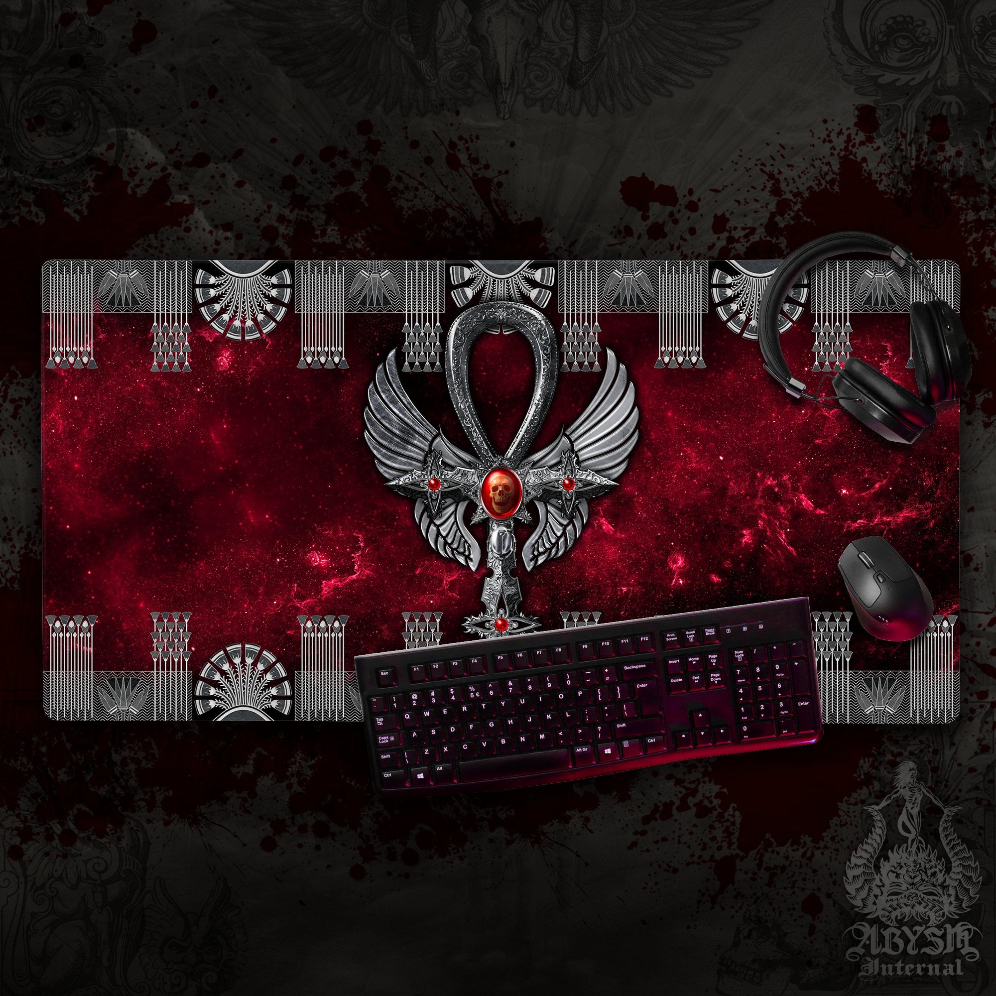 Goth Mouse Pad, Gothic Gaming Desk Mat, Silver Ankh Table Protector Cover, Egyptian Workpad, Dark Art Print - 2 Colors - Abysm Internal
