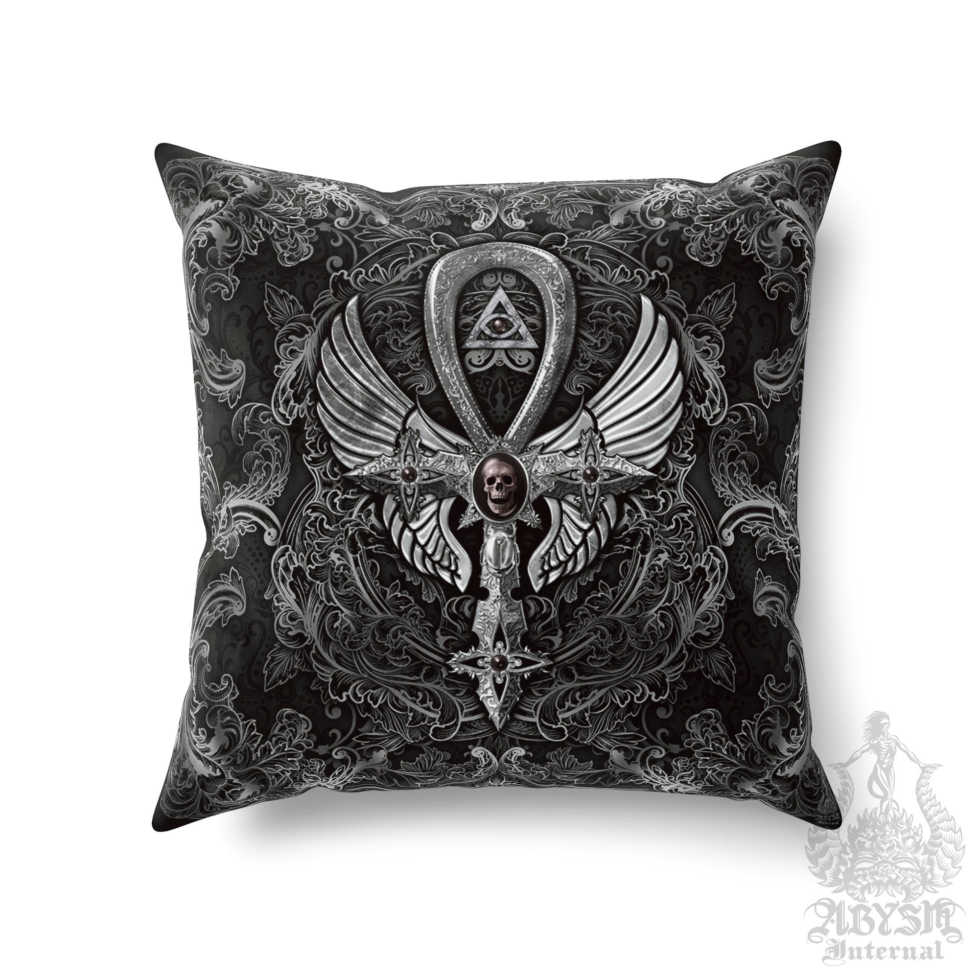 Goth Throw Pillow, Decorative Accent Pillow, Square Cushion Cover, Gothic Room Decor, Dark Art, Alternative Home - Ankh Cross, Black, Gold, Red, 3 Colors - Abysm Internal