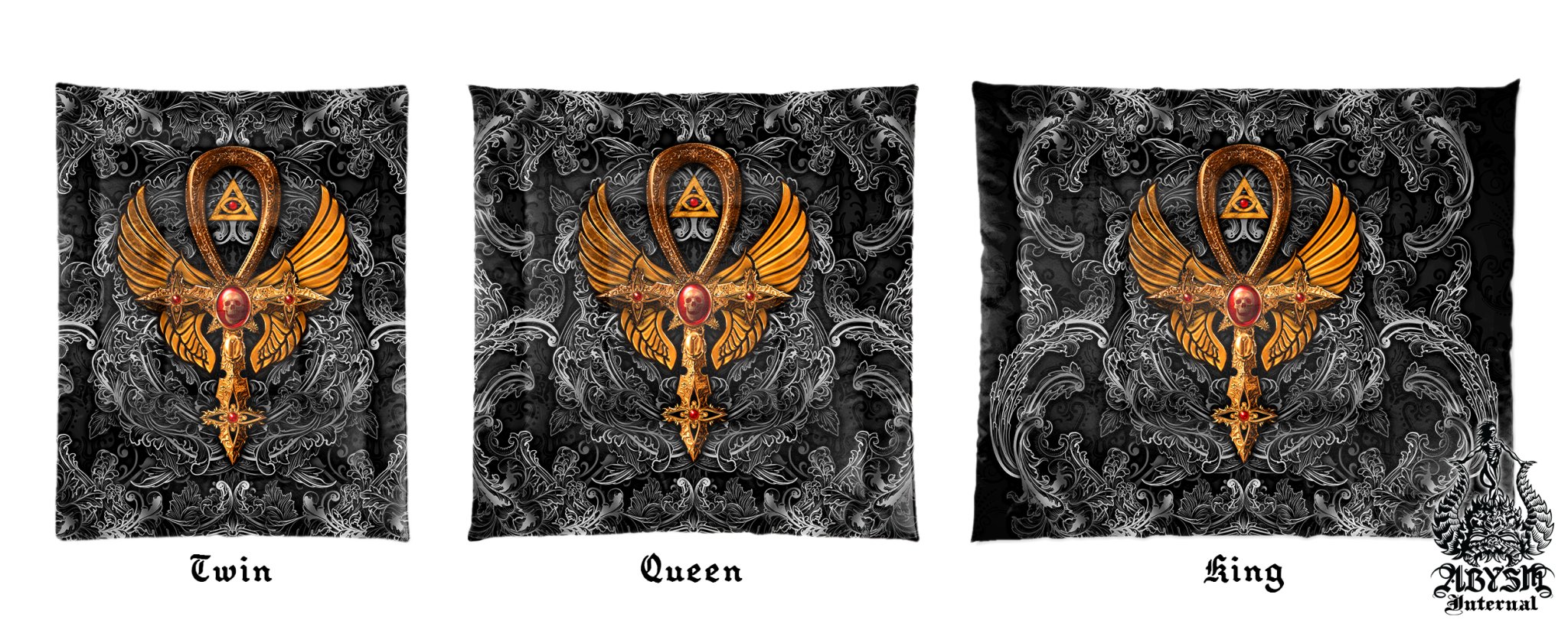 Gothic Comforter or Duvet, Dark Ankh Bed Cover, Goth Bedroom Decor, King, Queen & Twin Bedding Set - Black with Red, Gold or White, 3 Colors - Abysm Internal